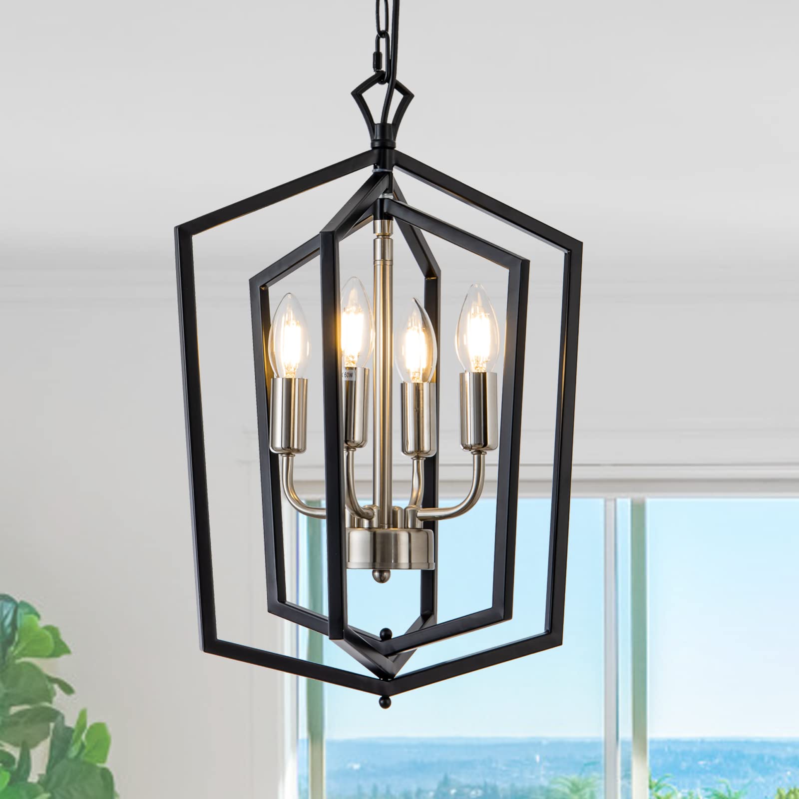 Lanhall 4-Light Pendant Chandelier Metal Modern Light Fixture Black + Brushed Nickel for Dining Room, Kitchen Island, Foyer - Model 500-100-1038