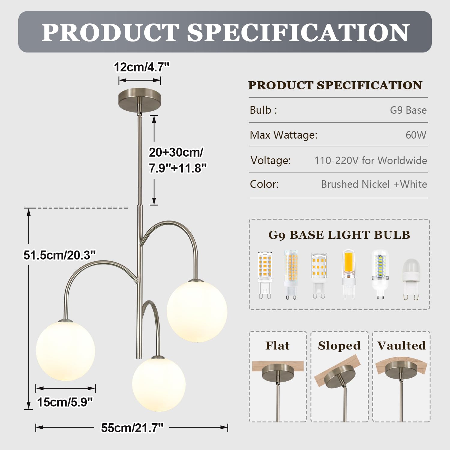 Flyrose Modern 3 Light Brushed Nickel Chandelier Milk Glass Pendant Lights Kitchen Island White Globe Chandelier Light Fixture S