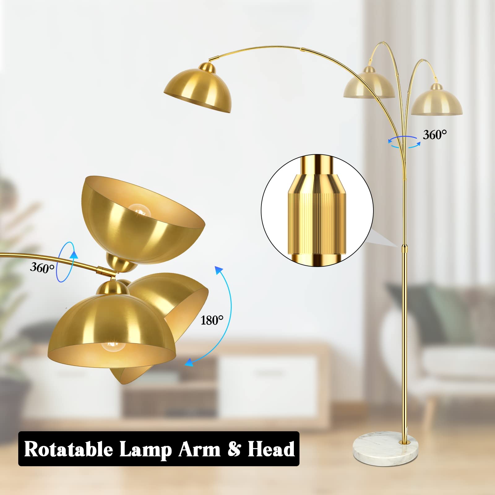 Gobright Contemporary Gold Arc Floor Lamp - Adjustable Dome Shade & Marble Base For Living Room