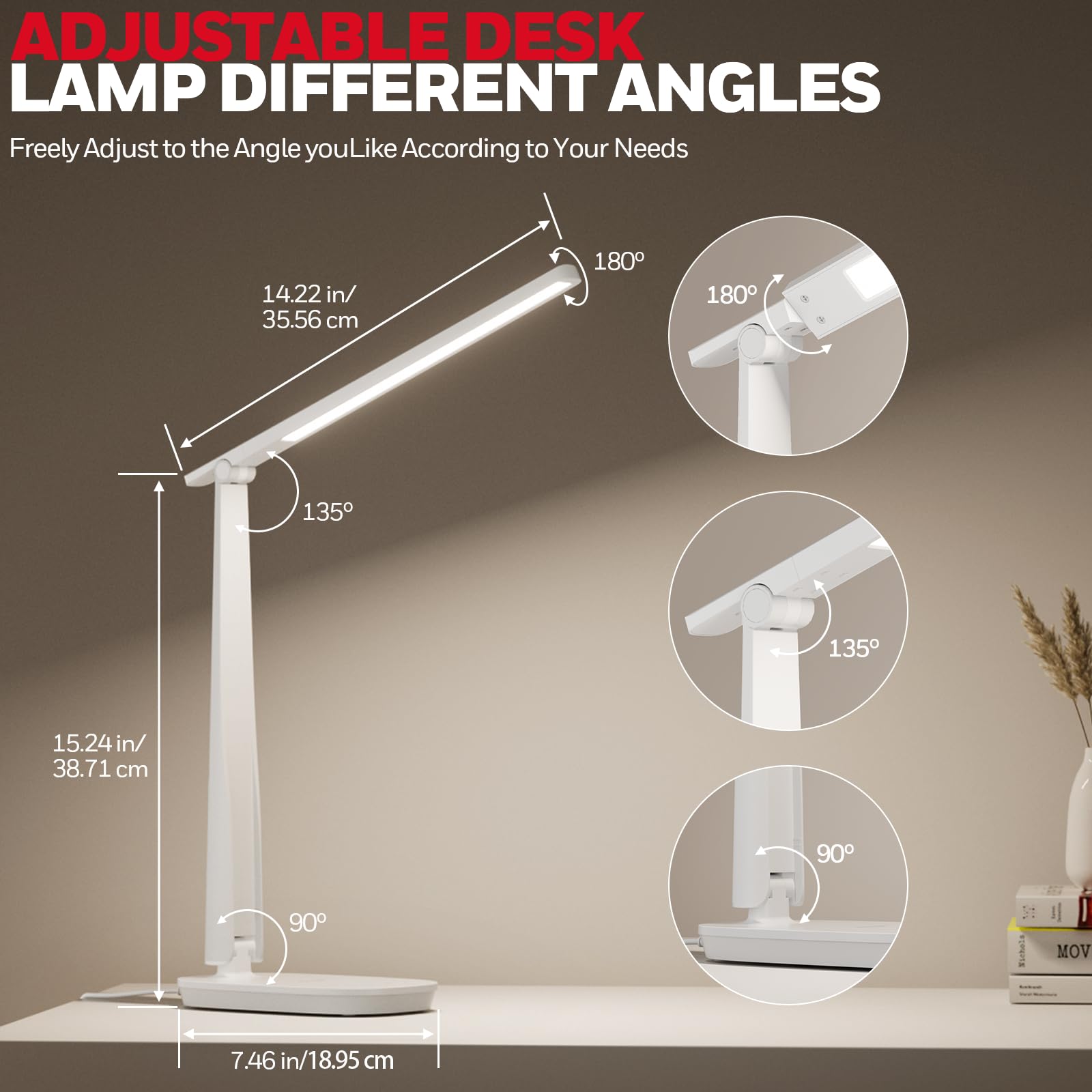 Honeywell LED Desk Lamp - Eye-Caring Light, 4 Color Modes, Touch Control, USB A+C Ports, Adjustable Head, White, Model: H2-1