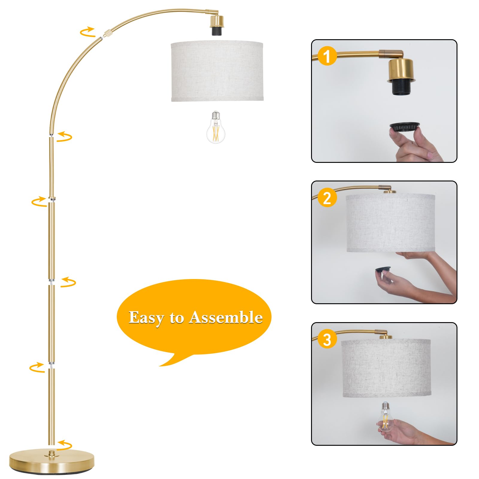 Gold Arc Floor Lamp For Living Room, Floor Lamp With Adjustable Drum Lampshade, Modern Tall Standing Lamp With Foot Switch, Over