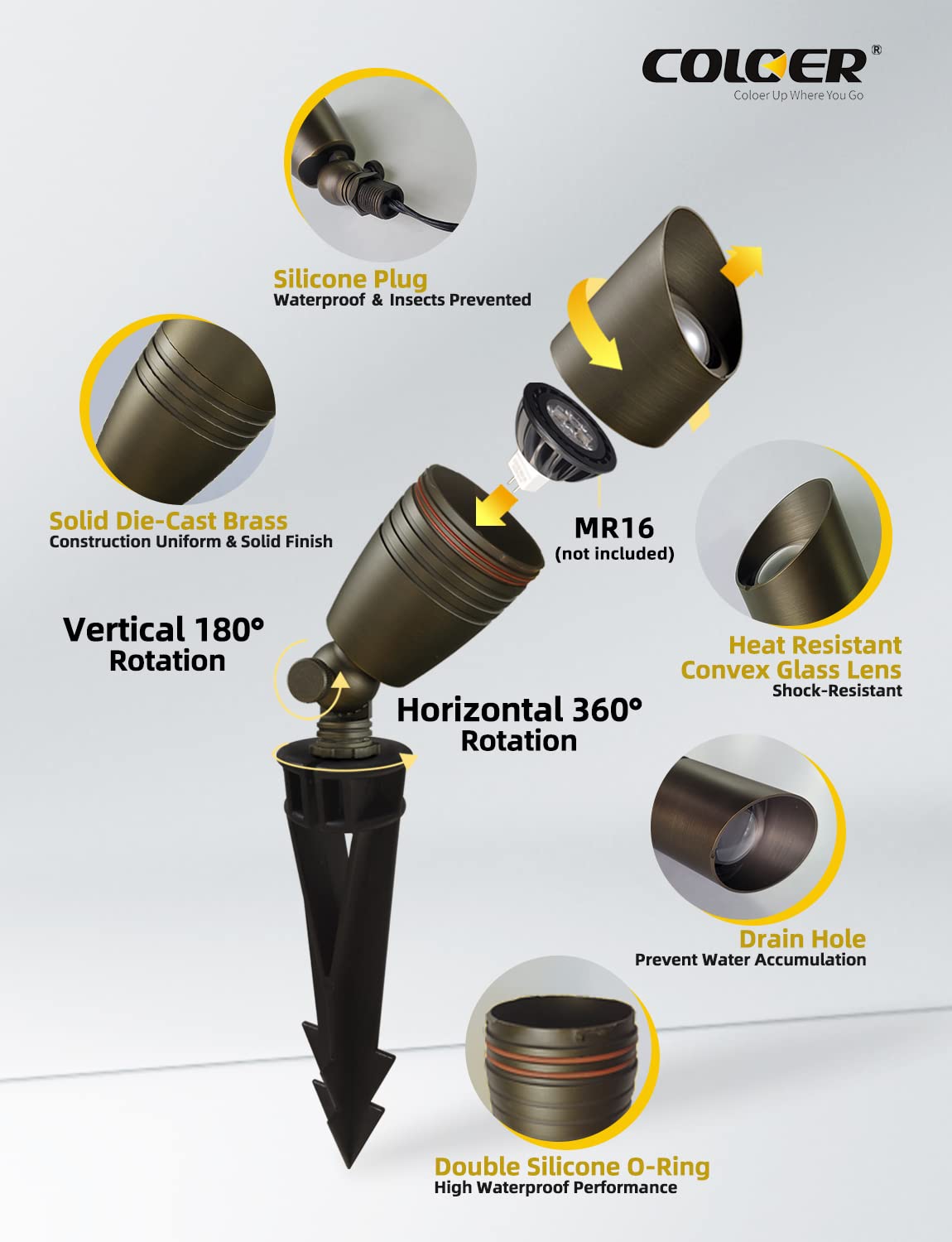 Coloer Die-Cast Brass Landscape Spotlights Outdoor, 12V Ac/Dc Low Voltage Spotlight, Ip65 Waterproof Landscape Lighting For Yard