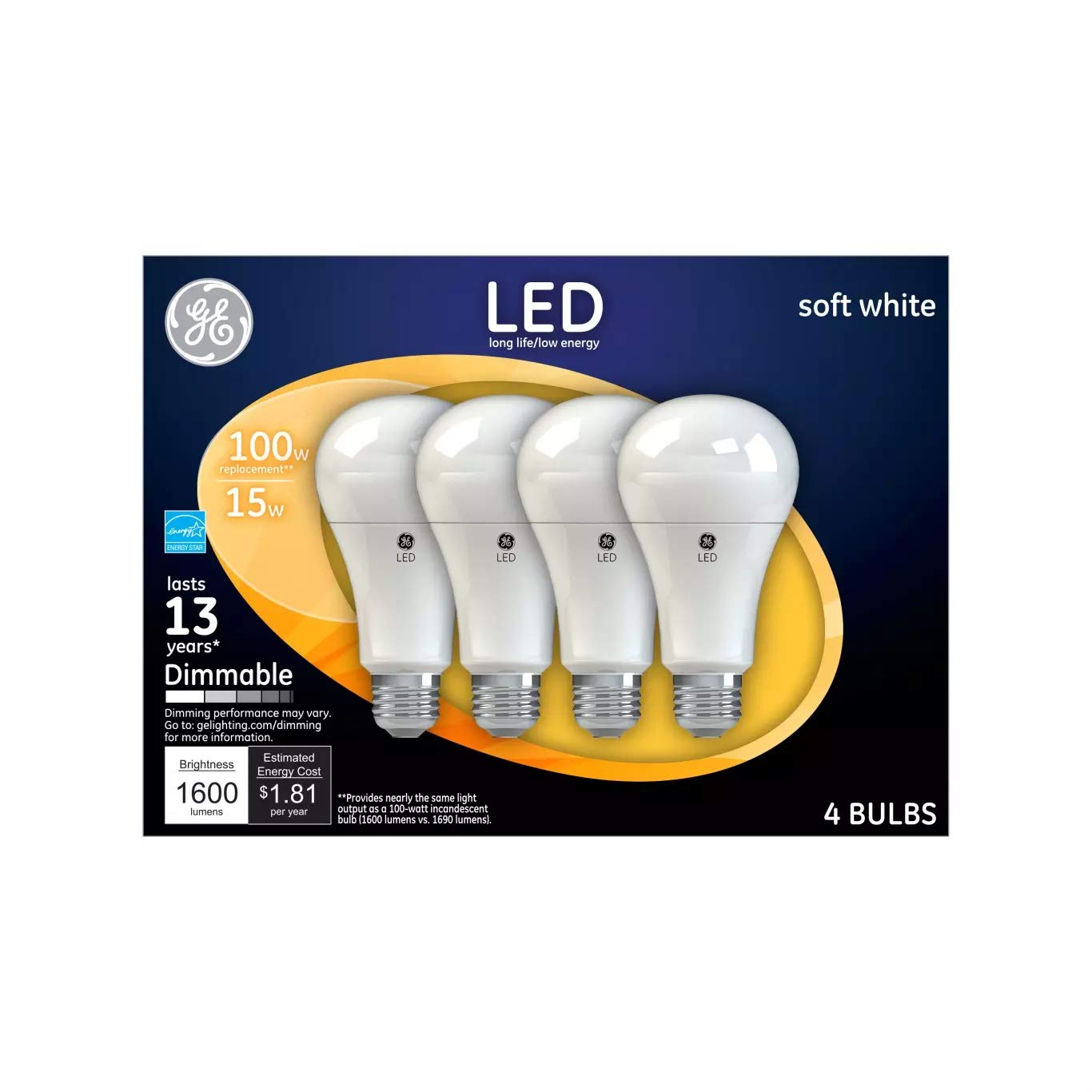 Ge Soft White 100W Replacement Led General Purpose Light Bulbs A19 (4 Pack)