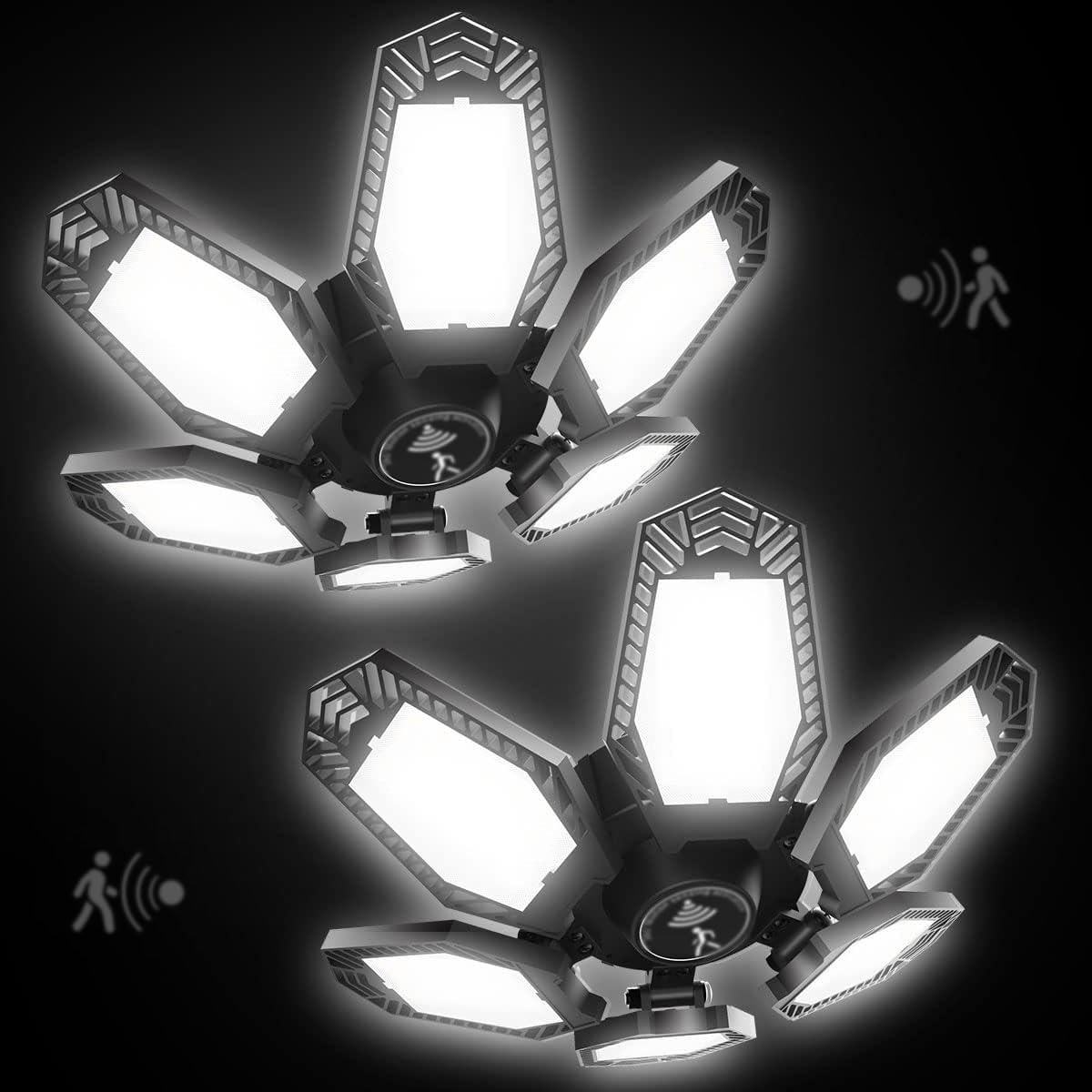 Super Bright 15000LM LED Motion Sensor Light - 2 Pack with 6 Deformable 120 Panels, Ideal for Garage, Workshop, Basement