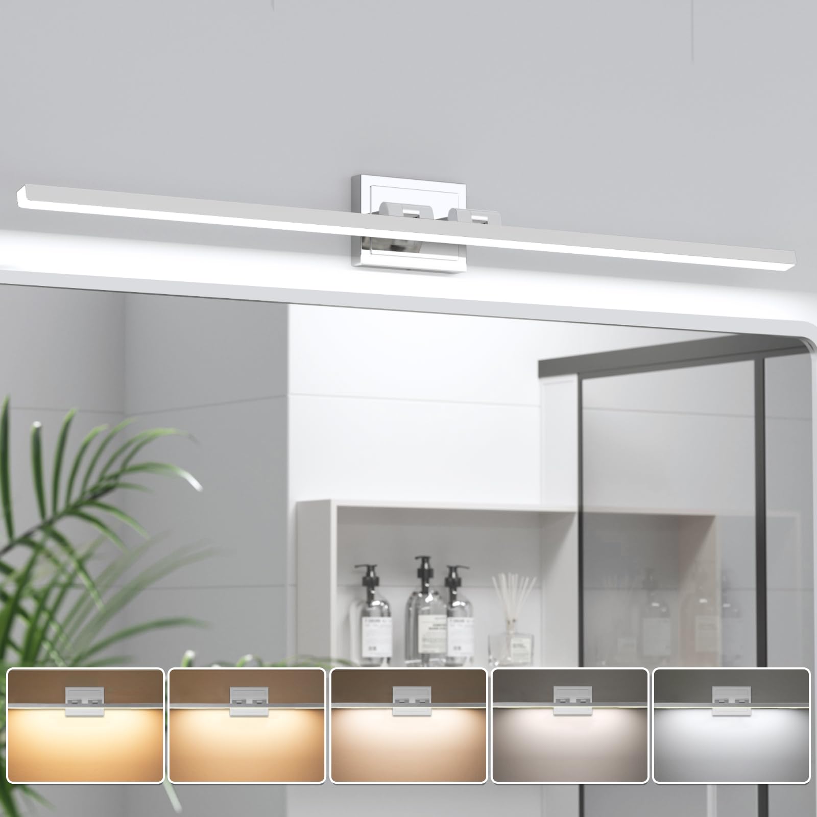 Volisun Modern Bathroom Vanity Light 48 Inch, Rotatable, 30W Dimmable 5Cct Led Bathroom Light Fixture Over Mirror, Chrome Vanity