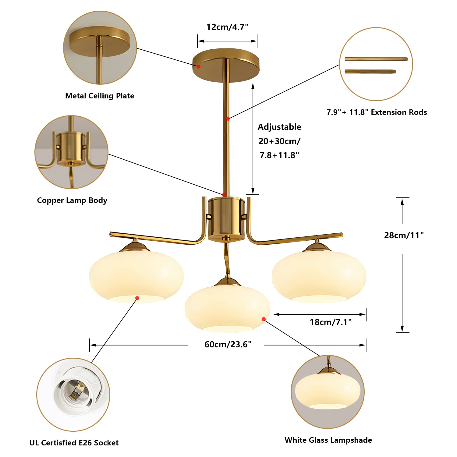 KCO Lighting Mid Century Modern Pendant Light 3-Light Metal Chandelier Brushed Brass White Globe Fixture L1127-3-Head