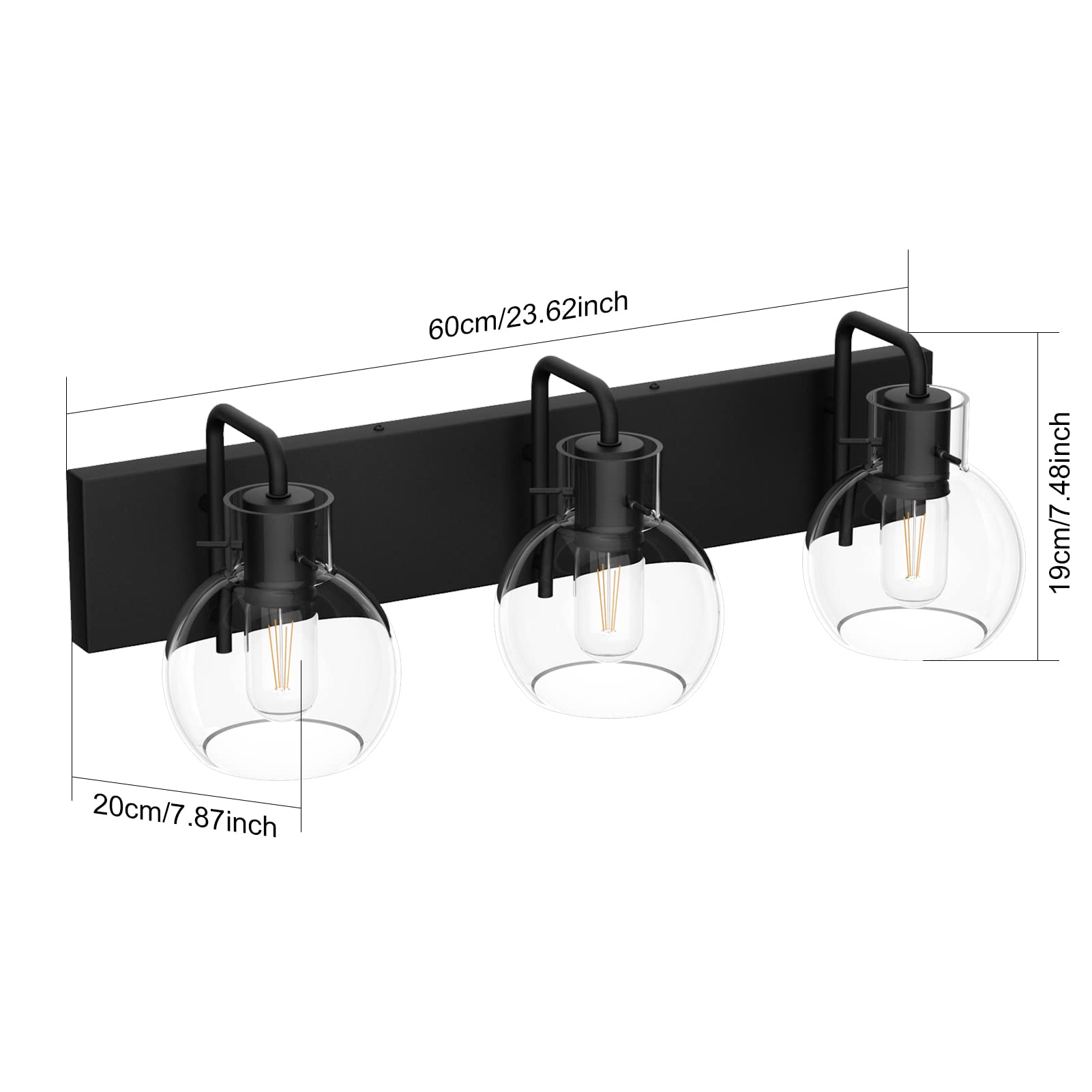 Tipace 3-Light Industrial Bathroom Vanity Lighting Fixtures, Matte Black Finish, Globe Clear Glass, Model L-7491