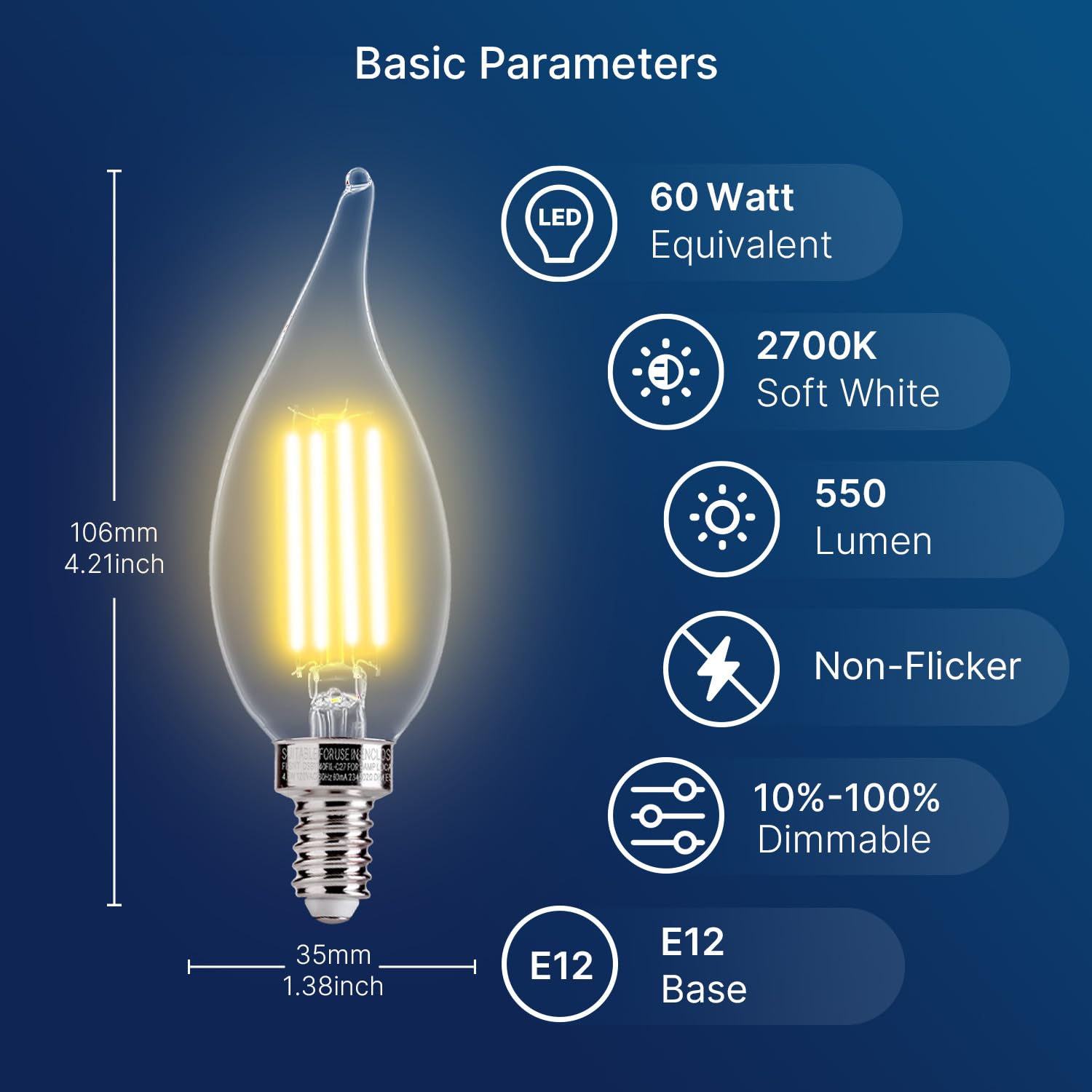 Flsnt Candelabra Led Light Bulbs, Ca11 Led E12 Chandelier Light Bulbs 60W Equivalent, 2700K Soft White, 550Lm, 5.5W, 90+ High Cr
