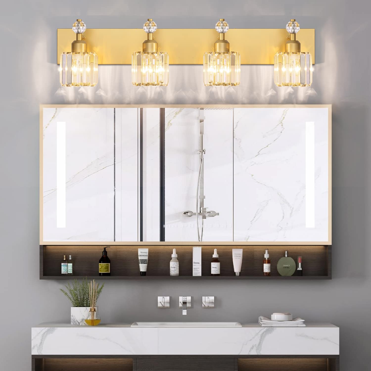 PRESDE Modern Crystal Bathroom Vanity Light 4-Light Stainless Steel Gold Finish