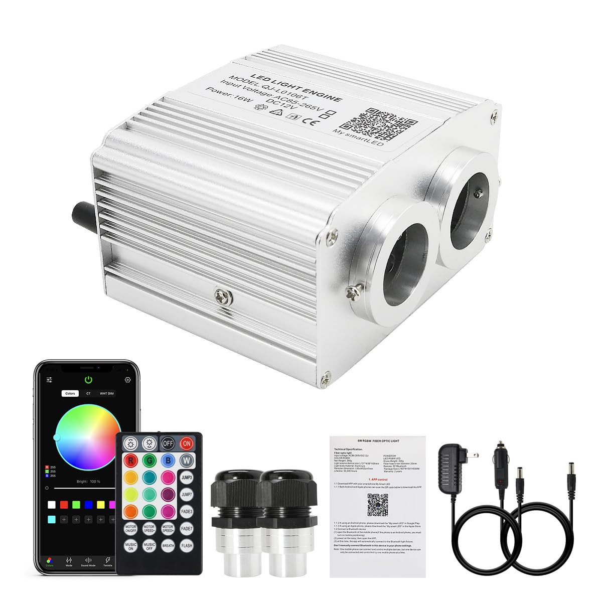 AKEPO 16W Dual-Head Twinkle Fiber Optic Light Engine, APP Control, Music Activated, Pure White, Model QJ-L016T