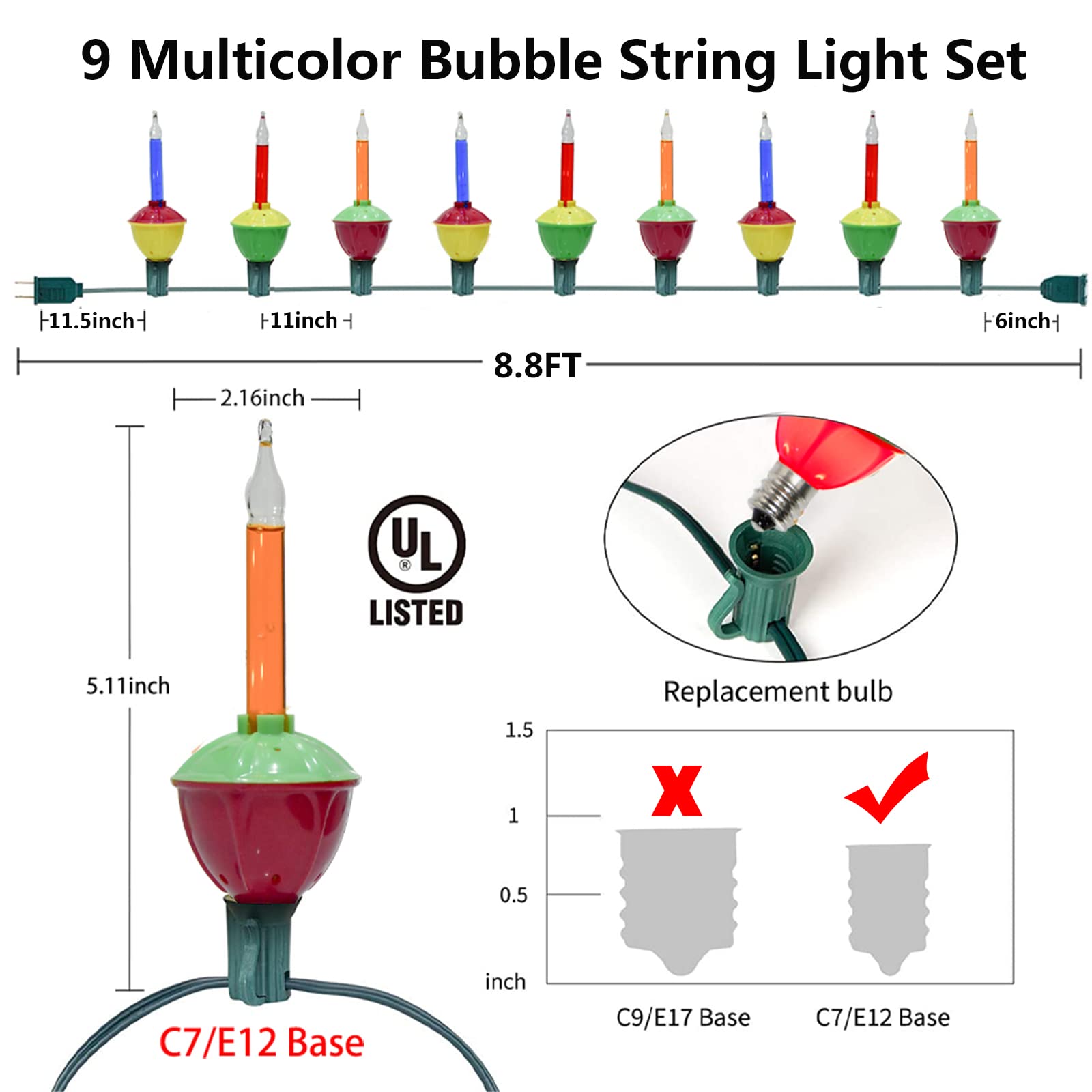 Sunsgne Christmas Bubble Lights  8.8Ft Vintage Bubble Lights With 10 Multicolor Bubble Bulbs(1 Spare) For Holiday Christmas Tree Lighting  E12 Base  Green Wire