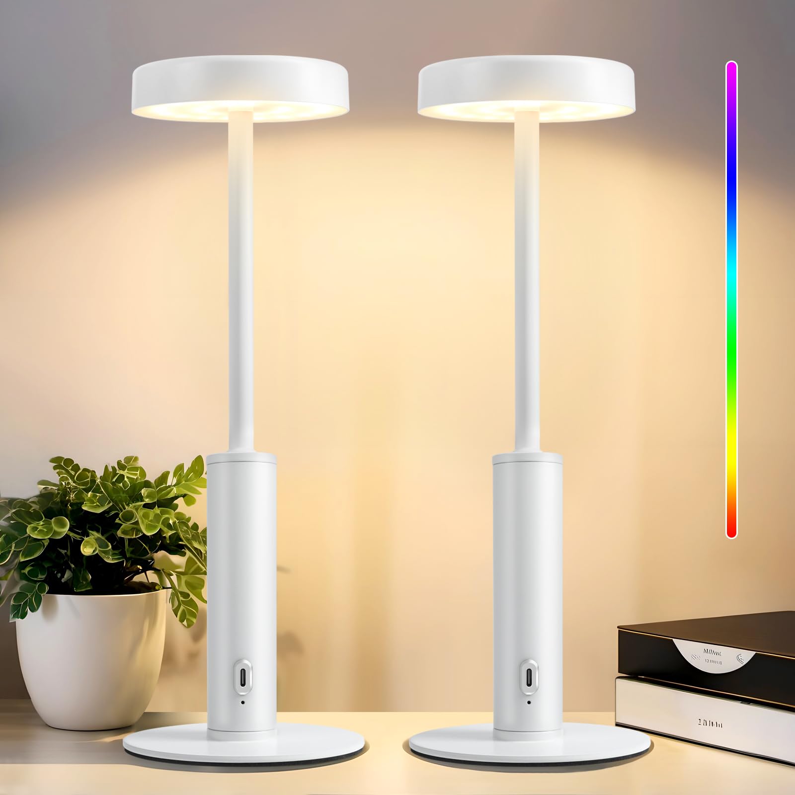Wowag 2 Pack Cordless Table Lamps Rechargeable,5000mAh Battery Operated Portable Desk Lamp,3 Colors & RGB Stepless Dimmable Wire