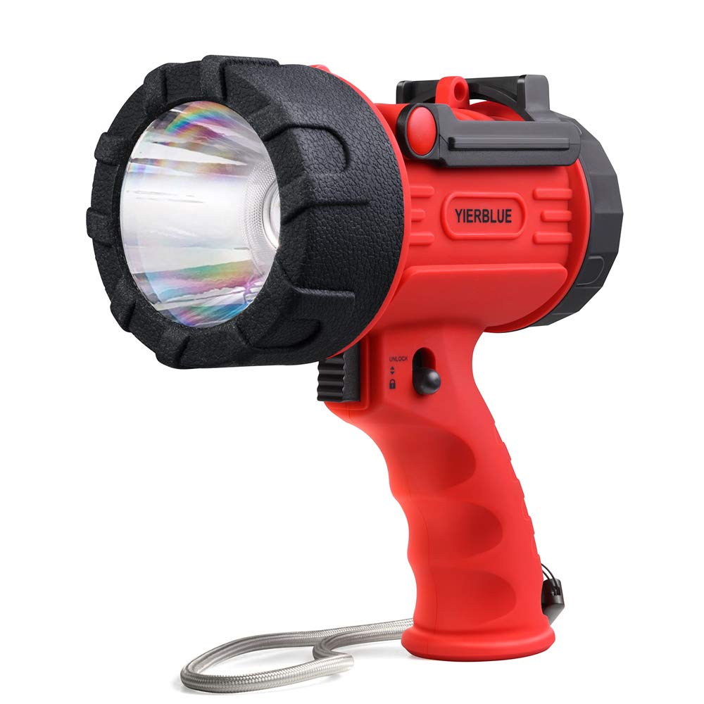 YIERBLUE Rechargeable Spotlight with 100000 Lumen LED, IP67 Waterproof Handheld Flashlight Searchlight with Detachable Red Light Filter, 10000mAh Long Running