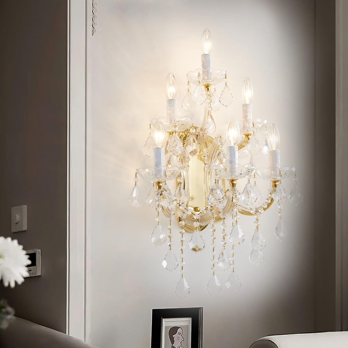 TMAFON Large Crystal Wall Lamp Chandelier - 6 Lights, Gold, Steel/Glass/Crystal, Model TMAZ-10130-06GOW