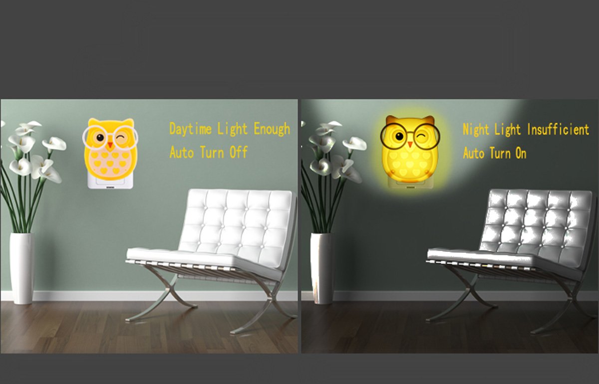 2 Pcs Owl Led Plug In Night Light For Kids- Wall Lamp Take Good Care Children Sleep Light Sensor Auto Controlled Nightlights For Baby Nursing (Yellow+Green)