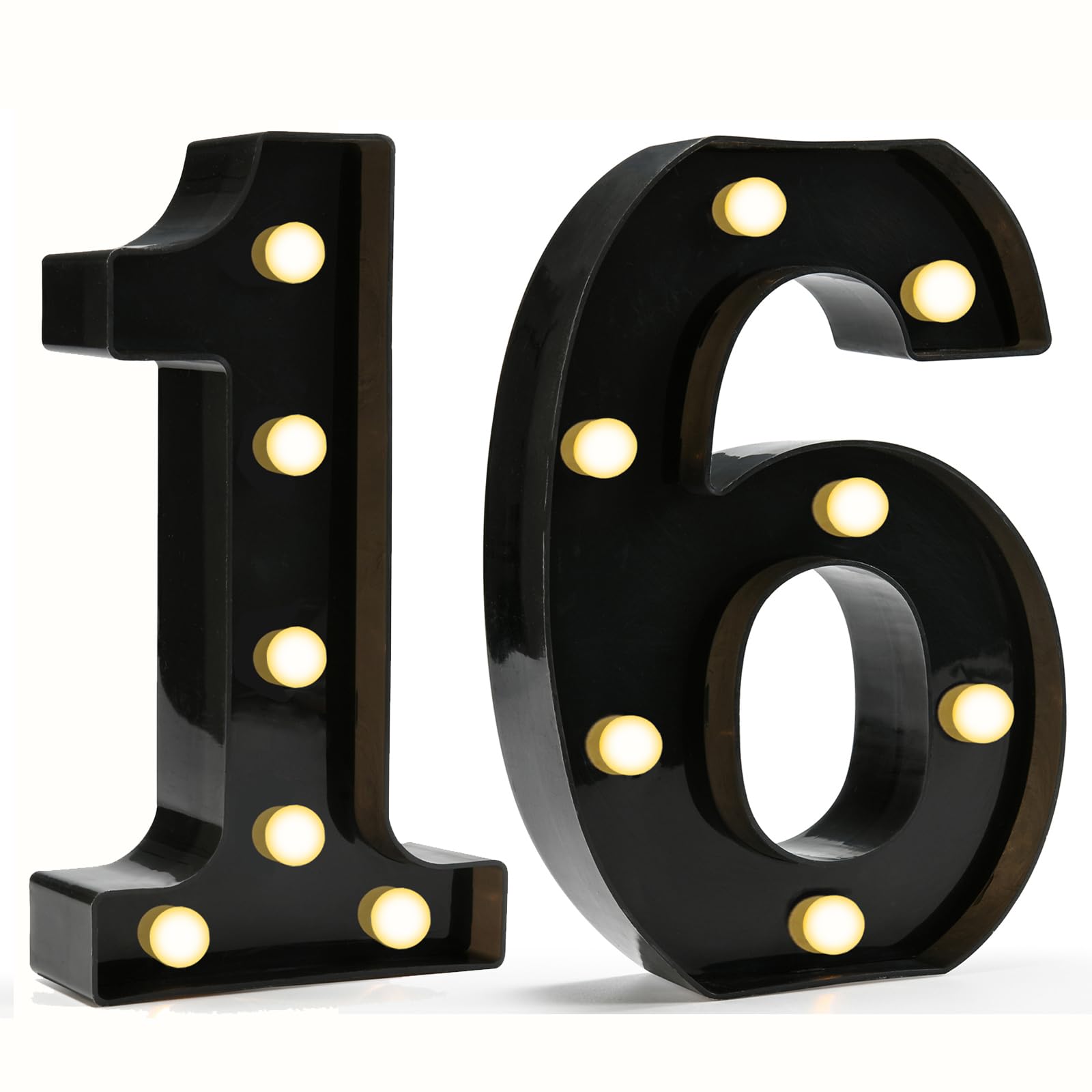 Pooqla Decorative Led Light Up Number Letters, Black Plastic Marquee Number Lights Sign for 16th Birthday Party Wedding Decor Battery Operated Black Number 16