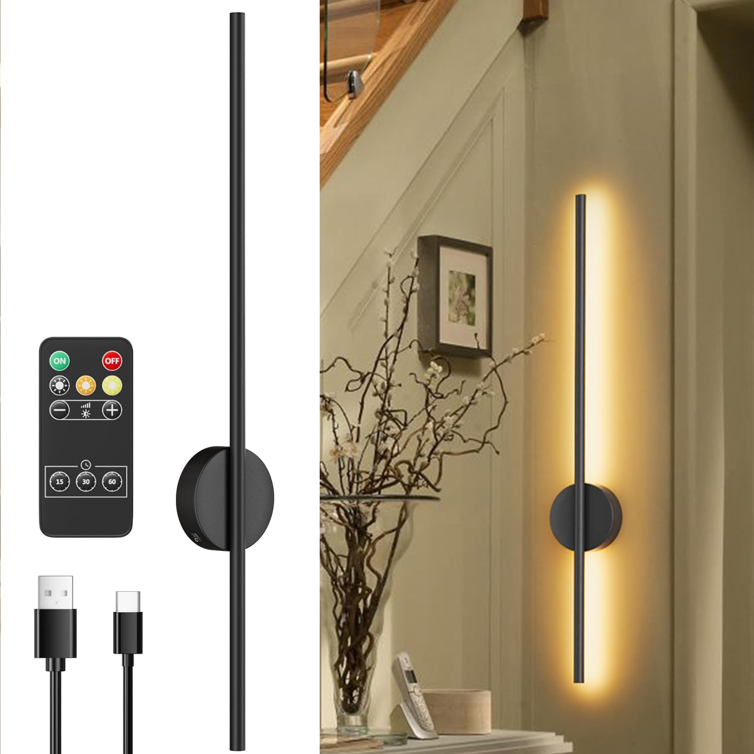 Aipsun Black Battery Operated Wall Sconce, Dimmable, 47.2 Inch, Aluminum, Wireless, Remote Control