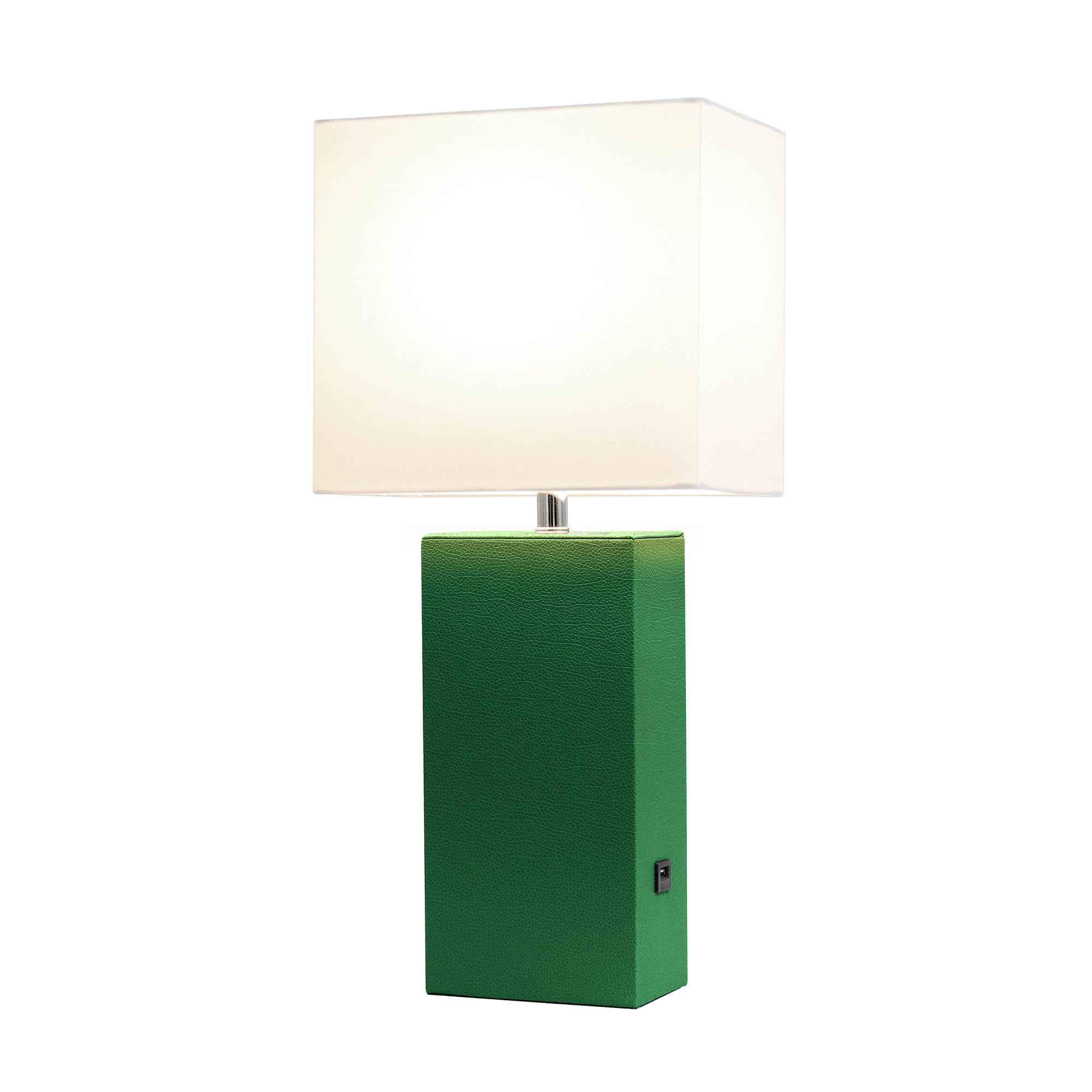 Elegant Designs Lt1053-Grn Modern Leather Usb And White Fabric Shade Table Lamp, Green (Pack Of 1)