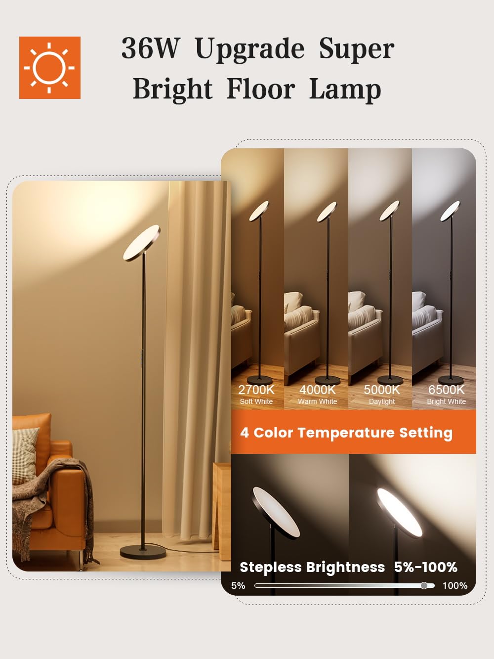 Ohlux Floor Lamp,36W/3000Lm Sky Led Modern Torchiere 5 Color Temperatures Super Bright Floor Lamps, Dimmable Tall Standing Pole