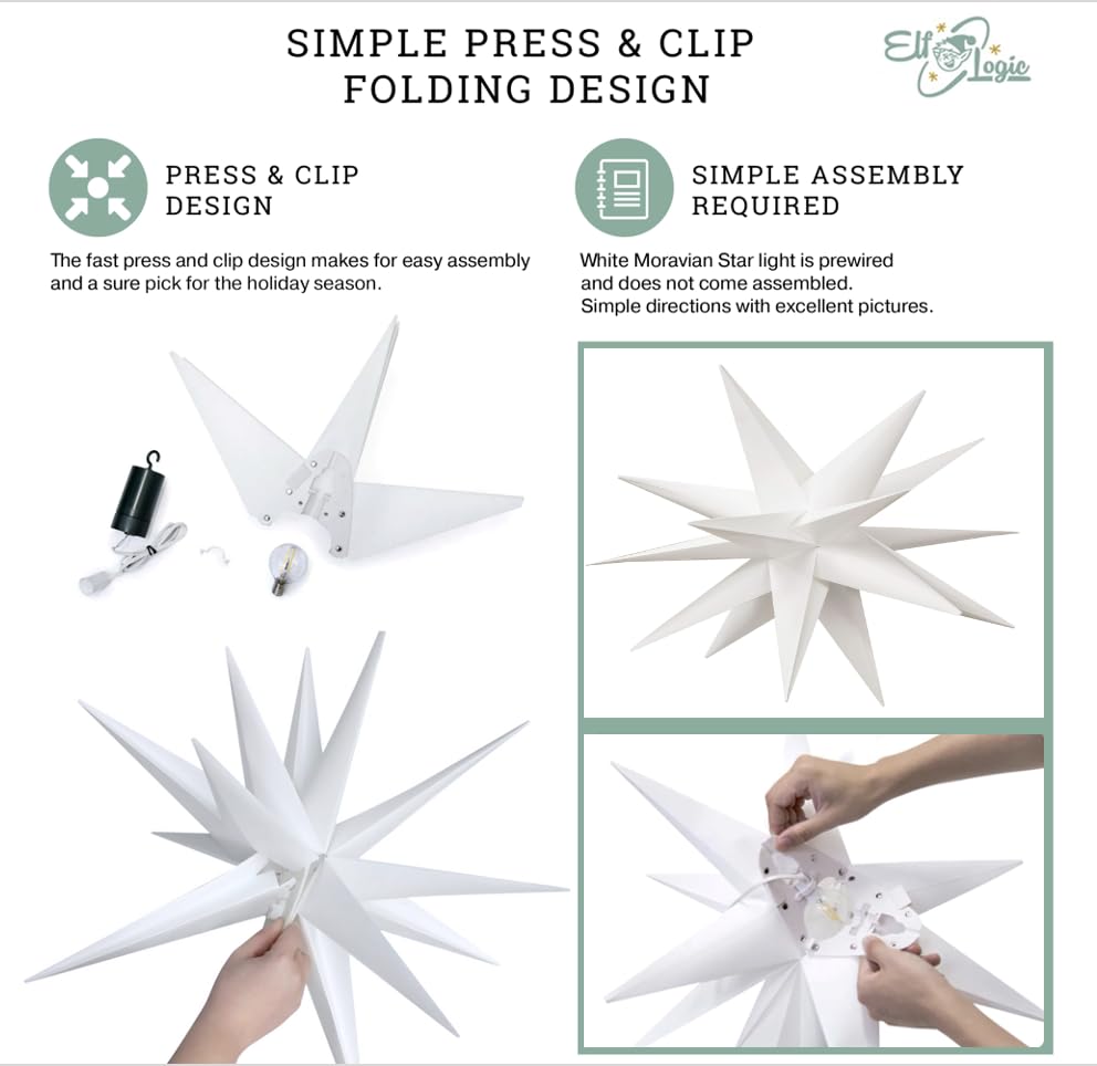 Elf Logic 18" White LED Moravian Star - Easy Assembly Outdoor Christmas Light with Battery Timer, Metal Holiday Decoration