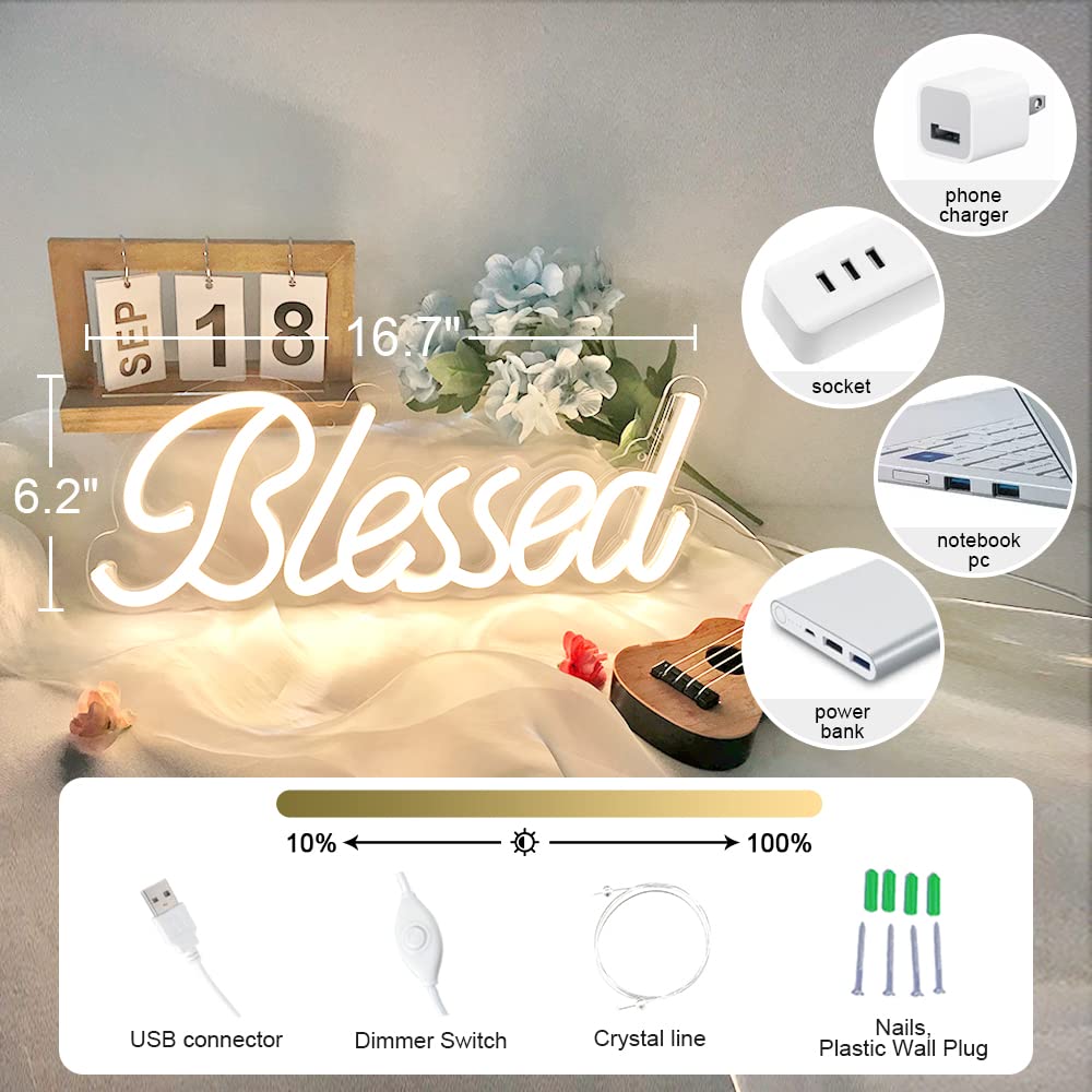 Divatla Blessed Neon Sign - Led Wall Decor, Dimmable, Usb Powered, 17X7, Warm White, Acrylic For Bedroom And Office