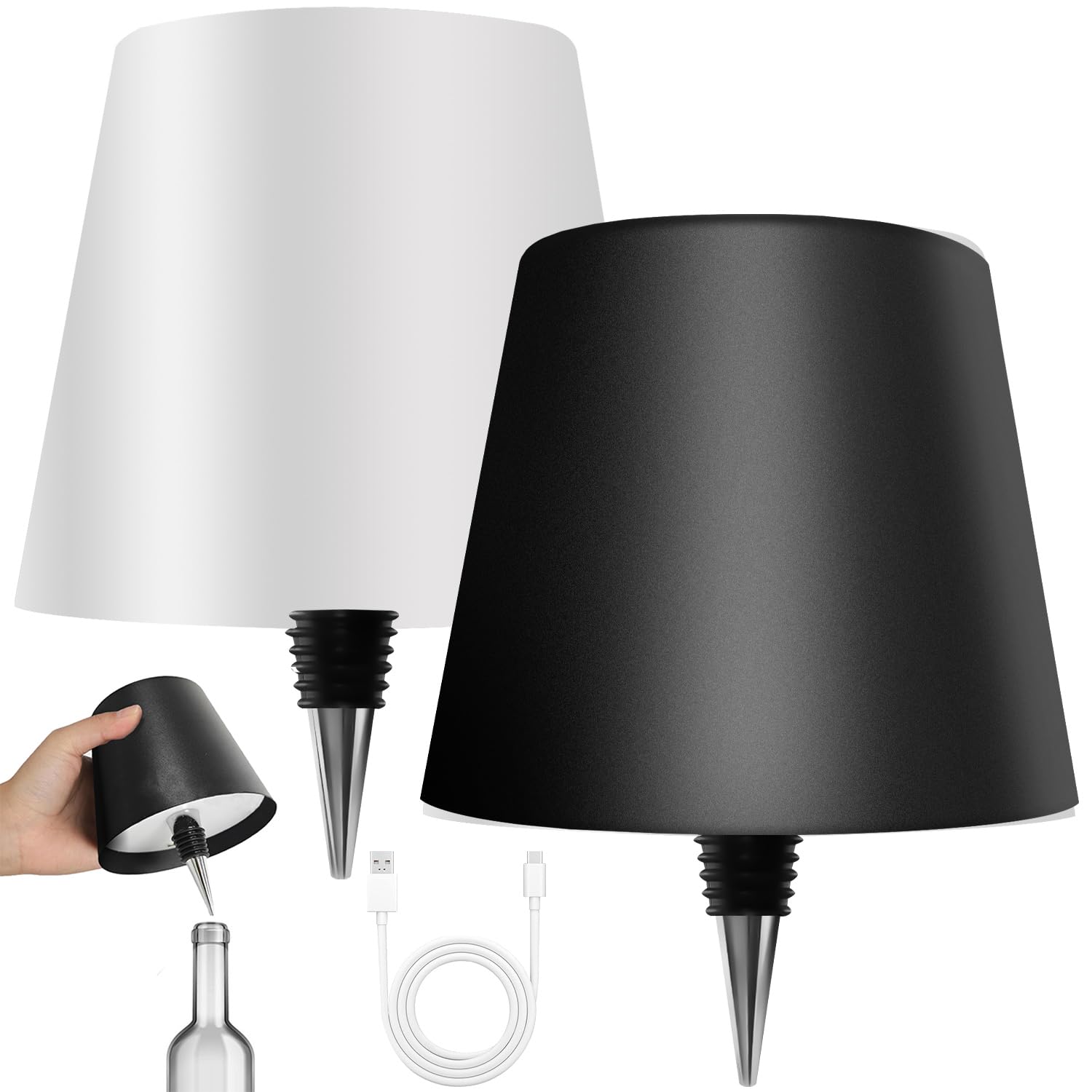 Hoide 2025 New Bottle Lamp - LED Bottle Lights for Beverage & Beverage Bottles  Cordless Lampshade  Whiskey Bottle Top Light  Bottle Stopper Night Light Kit  Black + White Two-Piece Set