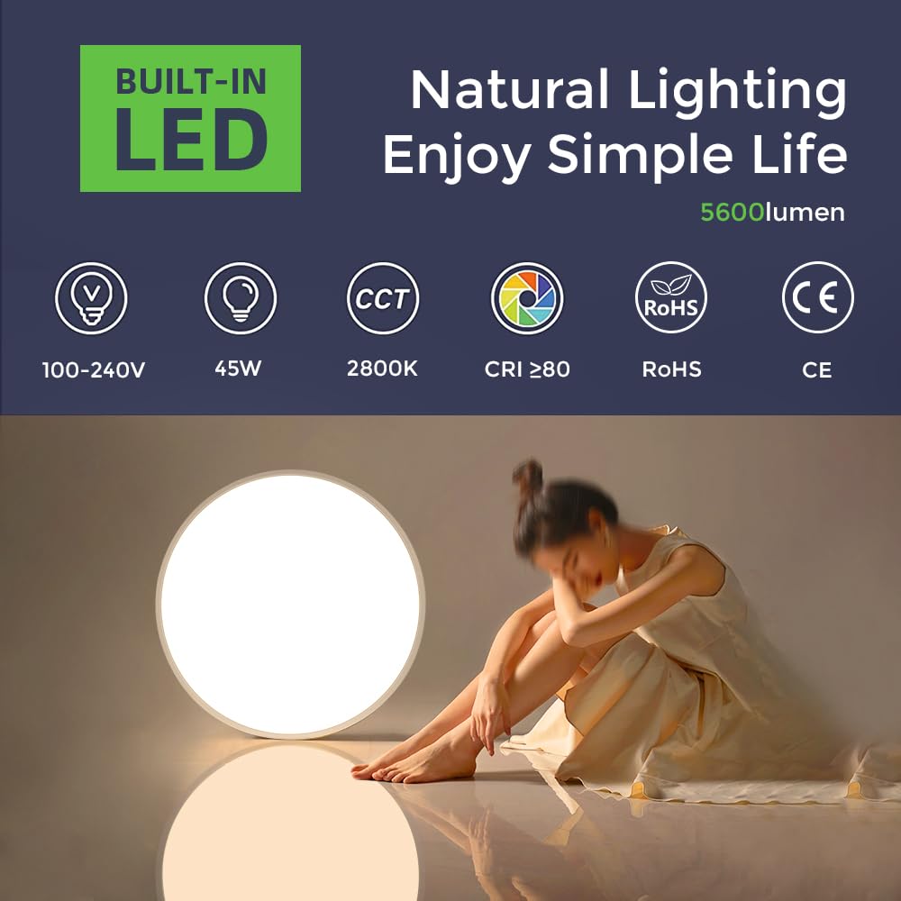 Lightingwill 24 Inch Led Flush Mount Ceiling Light Fixture, 2800K Warm White, 5600Lm, 45W, Flat Modern Round Lighting Fixture, 4