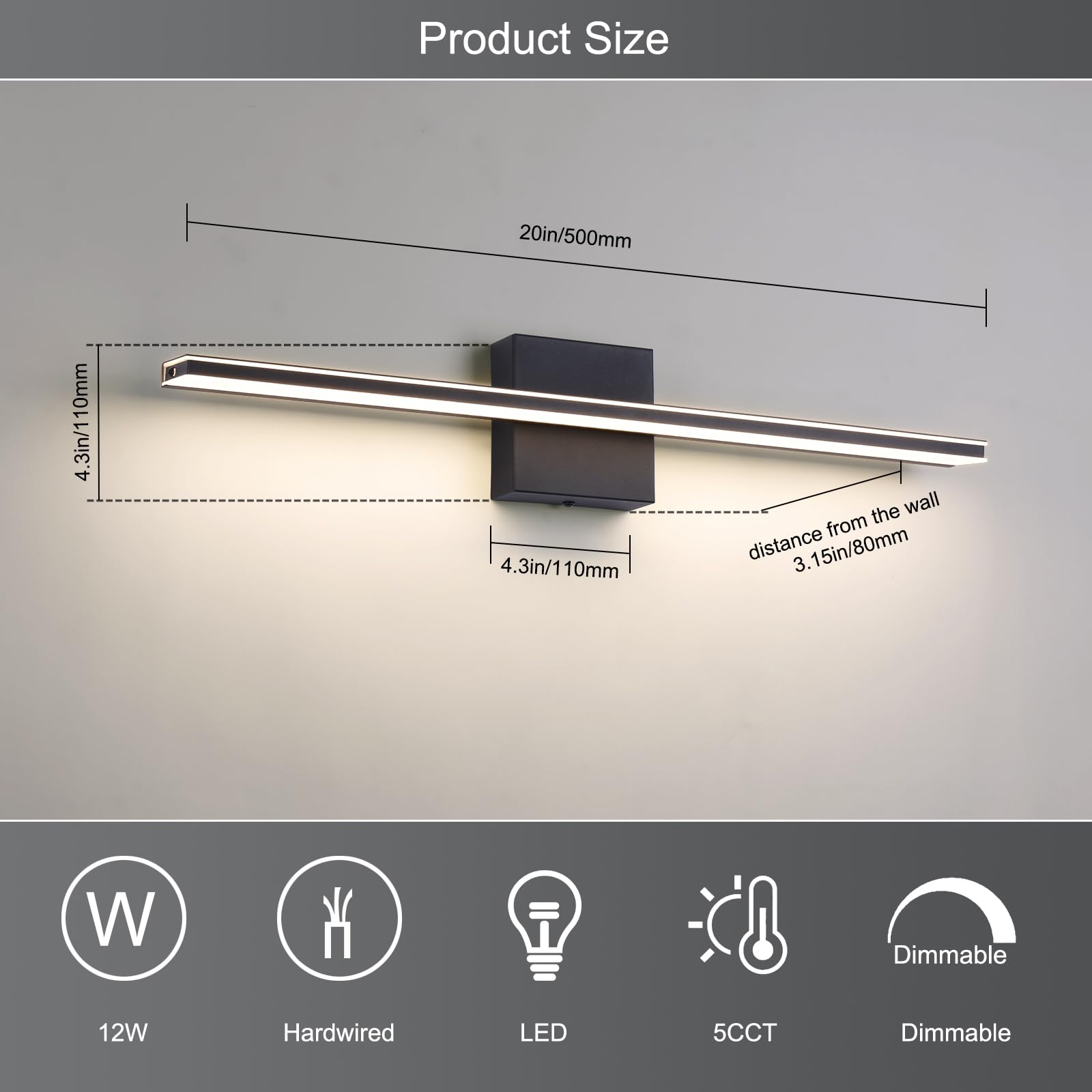 BRIVOLART Vanity Light Fixture for Bathroom, 24in Dimmable, 5CCT, Black, Model 6420, Acrylic Material