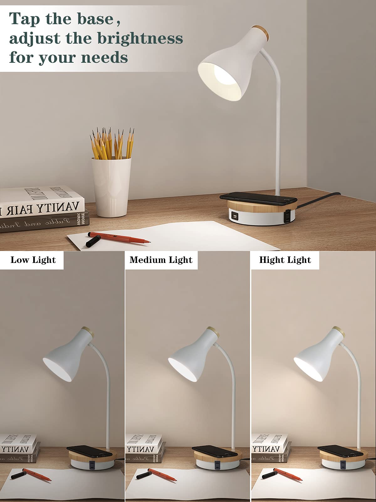 Metal Desk Lamp Wireless Charging Table Lamp Touch Reading Lights Arc Desk Lamps For Bedroom, 3 Way Dimmable Bedside Lamp With U