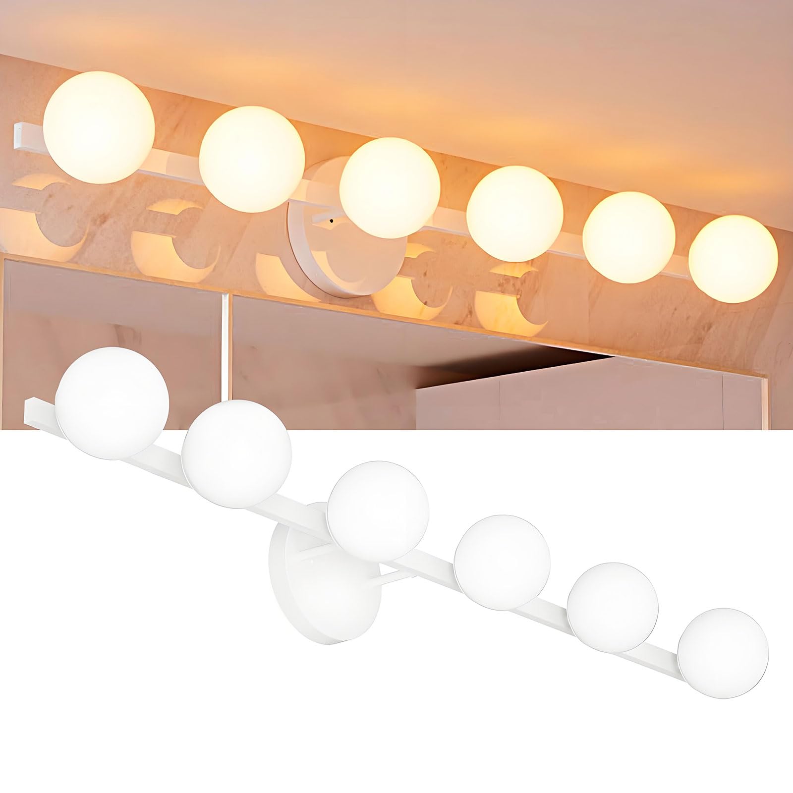 Lightdot 38'' 6-Light Modern Bathroom Vanity Light | Matte Gold Straight Frame With White Globe Water/Shatterproof Shades | Dimm