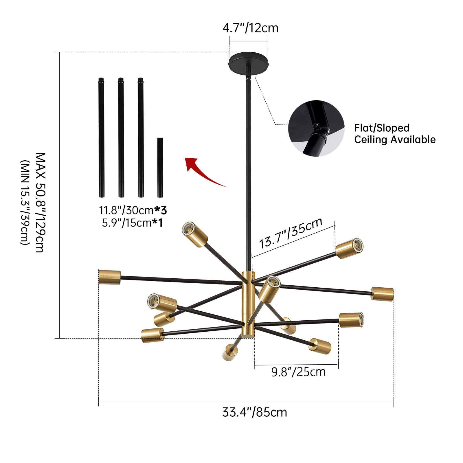 RUIYEY Sputnik Chandelier 12-Light Modern Ceiling Fixture Black and Gold for Dining Room, Living Room, Kitchen Island