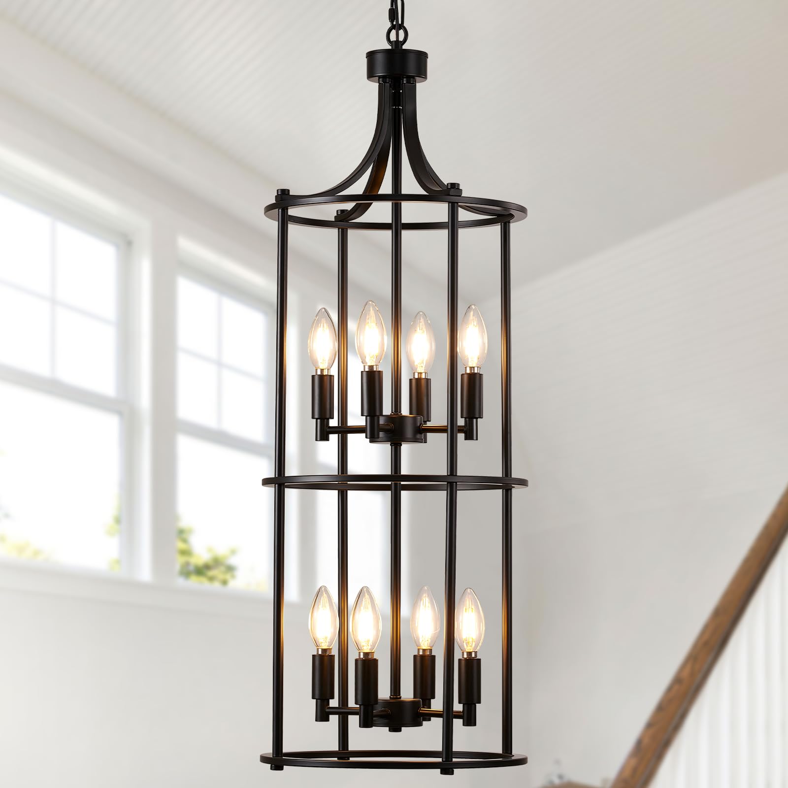 Miaybph Foyer Chandeliers For High Ceilings, Lantern Tiered Black Chandelier Light Fixture Metal Modern Farmhouse Pendant Lights