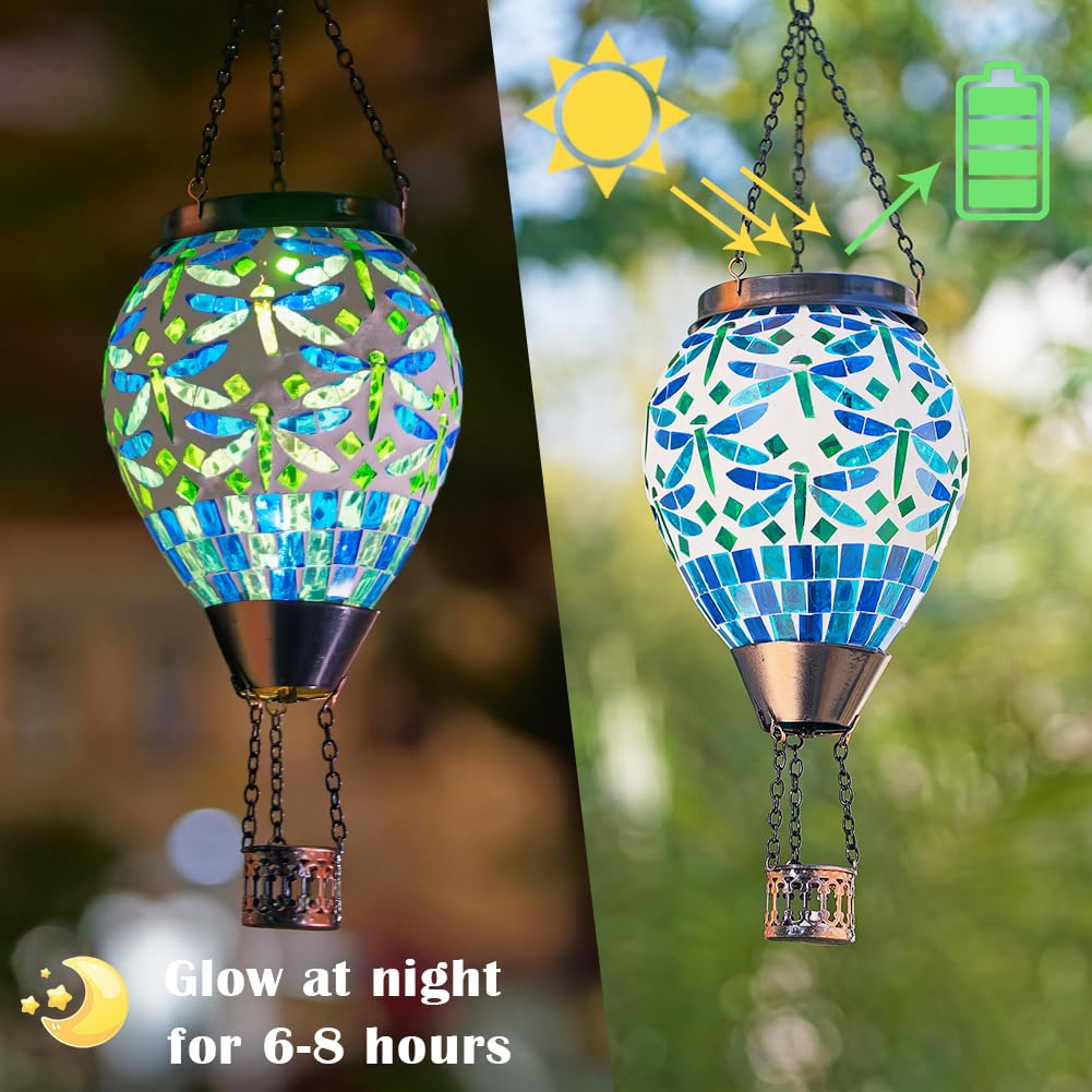Starsoul Solar Lantern Hot Air Balloon - Mosaic Dragonfly Design, Outdoor Hanging Light for Garden Patio Party Decorations