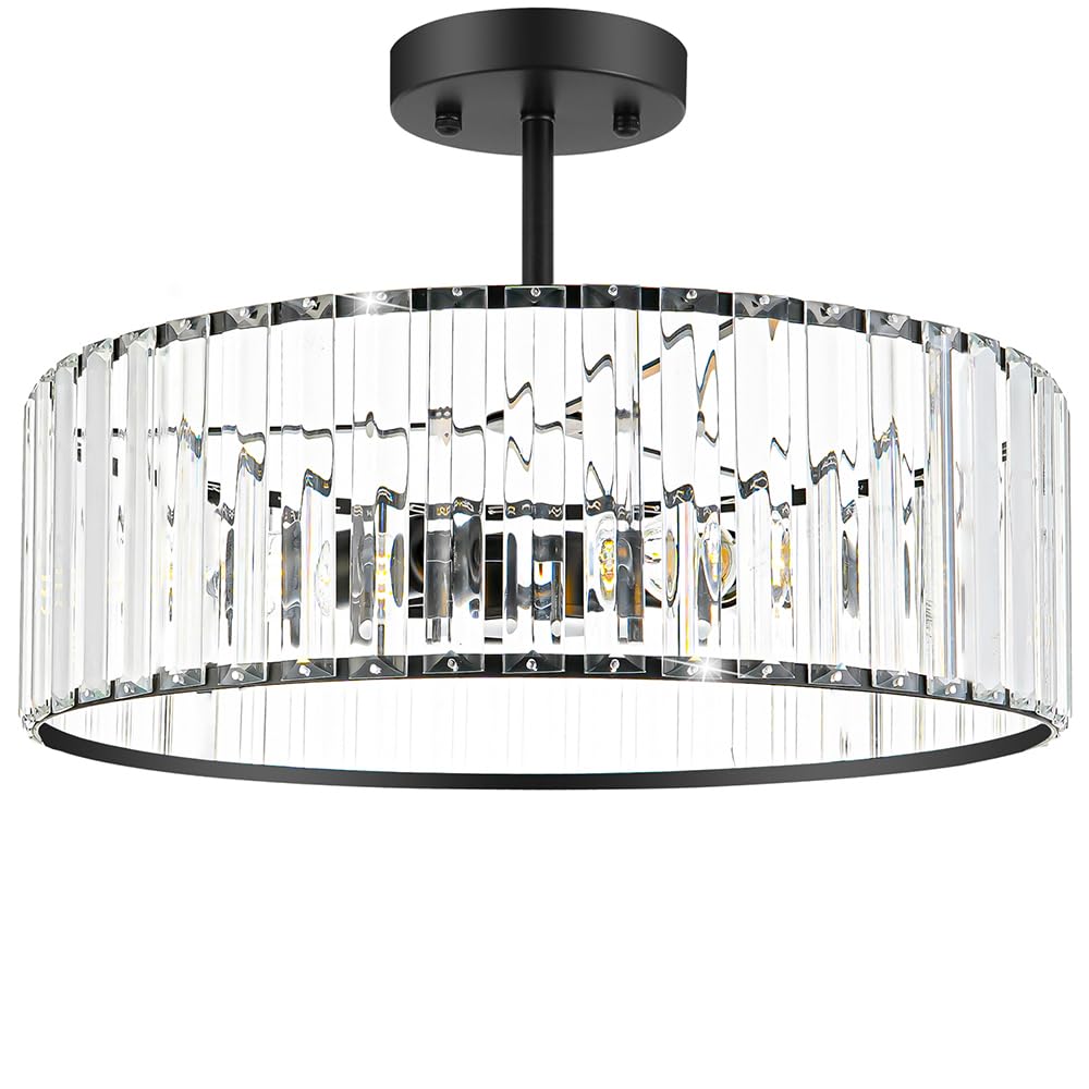Modern Crystal Ceiling Light Fixture  Semi Flush Mount Ceiling Light  Matte Black Hallway Lighting Fixtures Chandelier  Crystal Chandelier For Kitchen Bedroom Dining Room Closet  5-Light  16 Inch