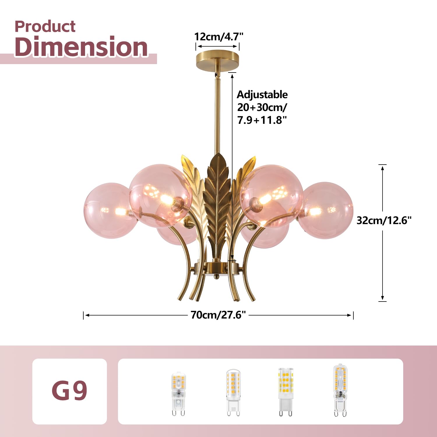 BOKT Modern Sputnik Chandelier 6-Light Pendant Fixture Pink Globe Lampshade BP1128-P for Dining Room, Living Room, Girls Room