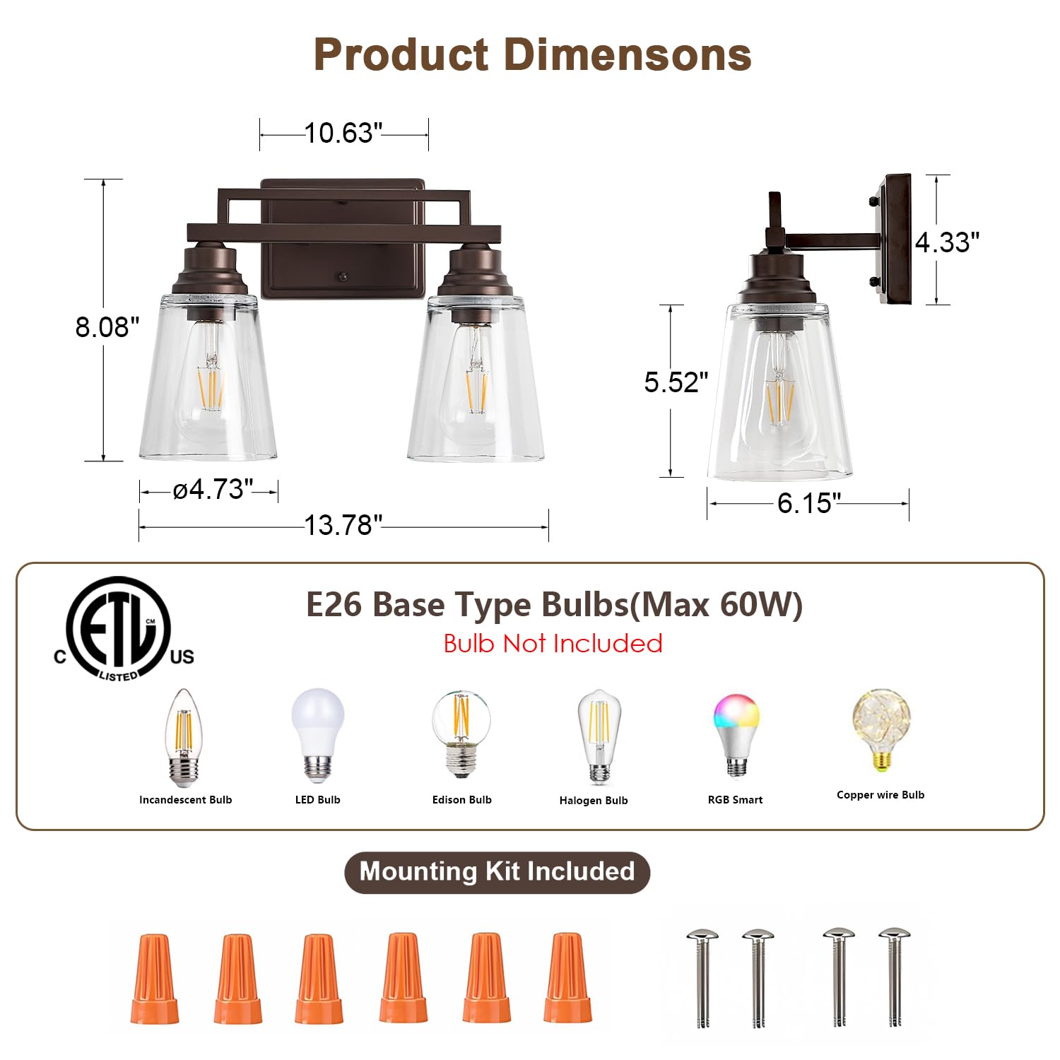 Refice 2-Light Bathroom Vanity Lights Oil Rubbed Bronze Metal Wall Sconces with Clear Glass Shades Model FCW003-2-ORB