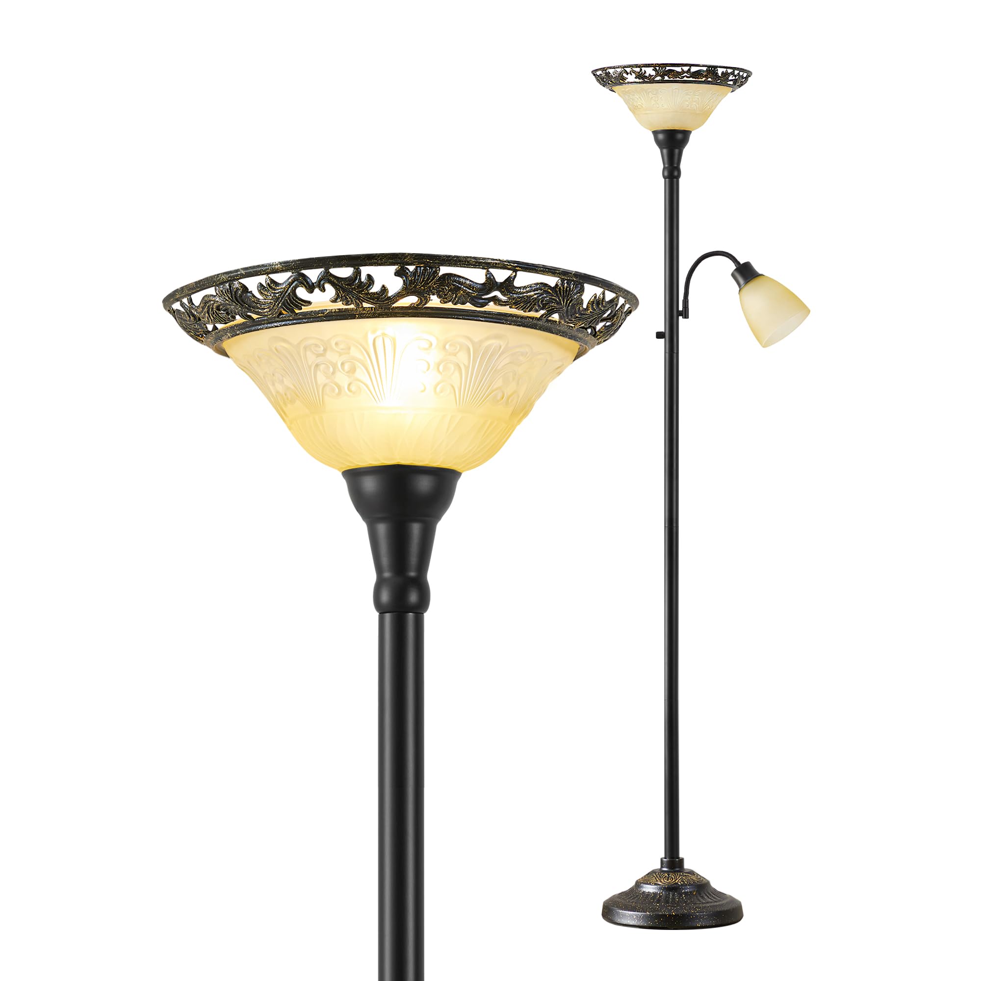 Luvkczc Torchiere Floor Lamp, 70in Vintage Metal Stand, Etched Glass Shade, Black & Yellow, Model 31001