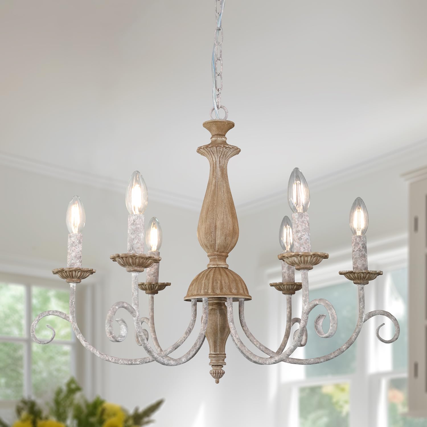 French Country Chandelier,6-Light Farmhouse Vintage Antique Brown Metal Chandelier Pendant Light Fixtures For Kitchen Island Din