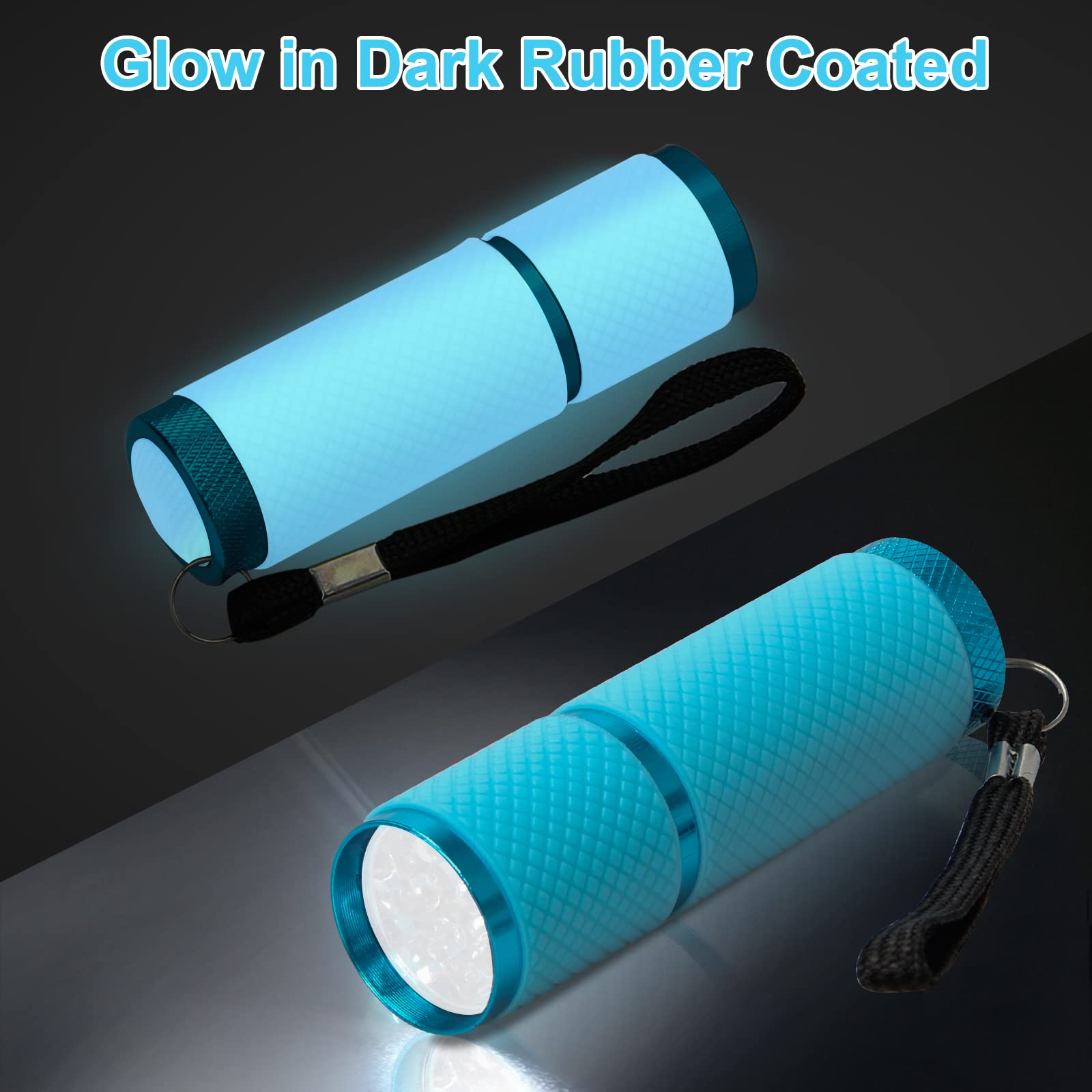 AHIER LED Flashlights, 9 Glow in Dark Rubber Coated, Portable for Camping & Hiking, Blue, Model ALLC-ButtonLED-4P