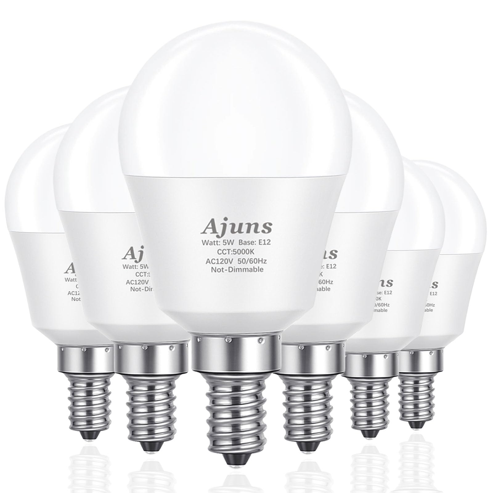 Ajuns E12 LED Bulbs, Daylight 5000K, 40W Equivalent, 450 Lumen, 6 Pack, Plastic, Non-Dimmable, A15 Model