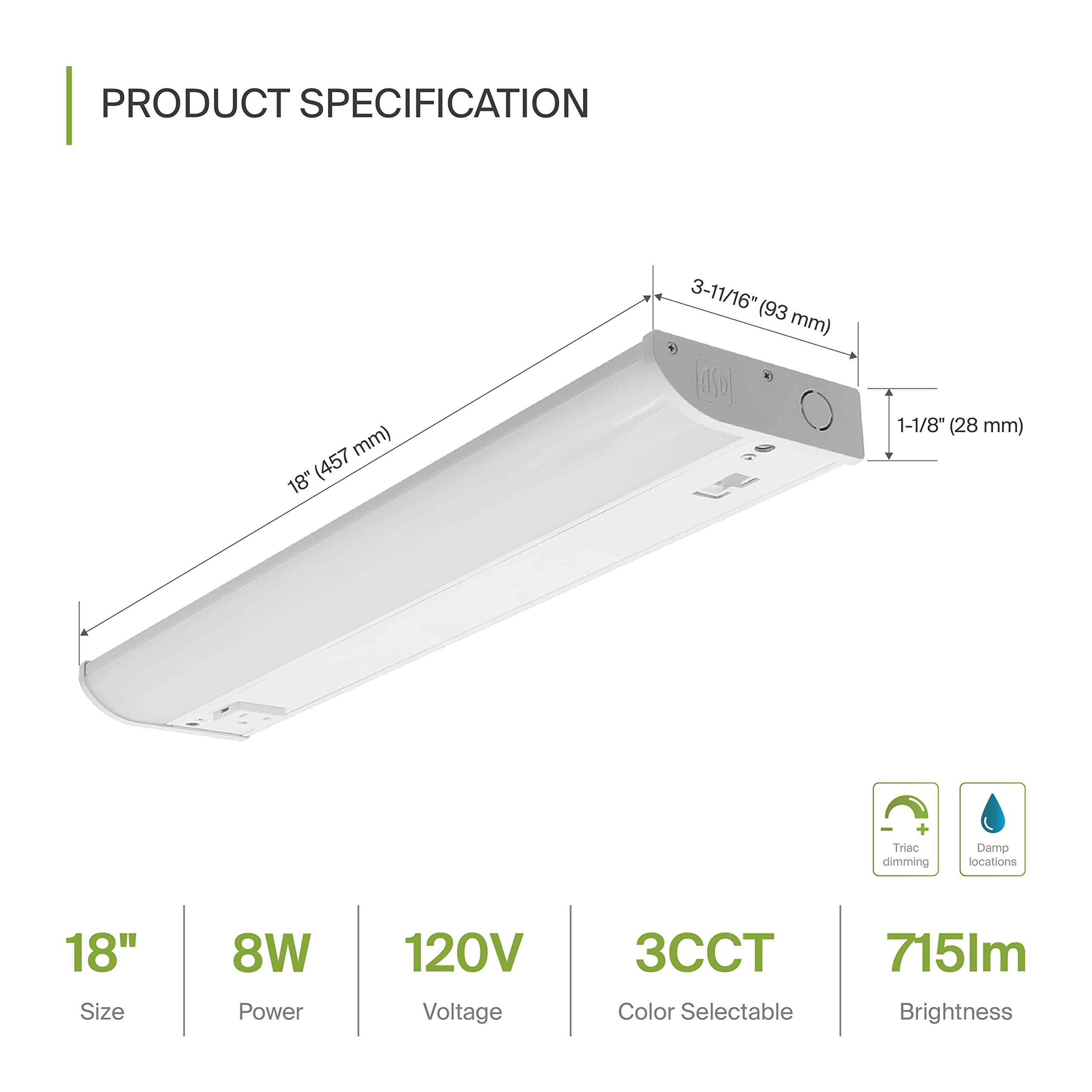 Asd Led Under Cabinet Lighting With 1 Power Outlet, 18 Inch 8W 715 Lm, Hardwired Under Cabinet Lights For Kitchen, 3000K/4000K/5