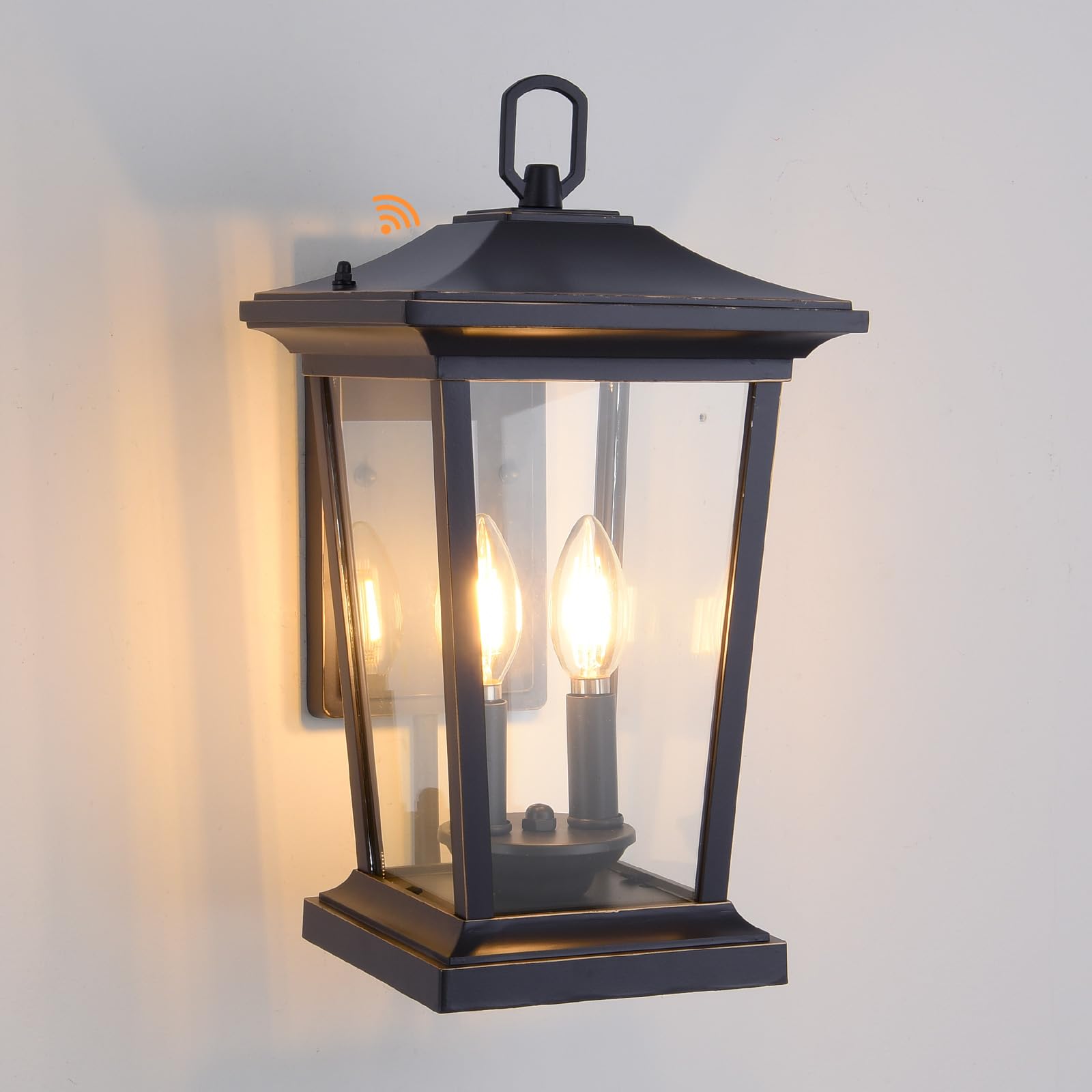 Smeike Large Outdoor Wall Sconce, 2-Lights, Aluminum, Matte Black, Model A272-1, Clear Glass Fixture for Patio/Porch/Entryway