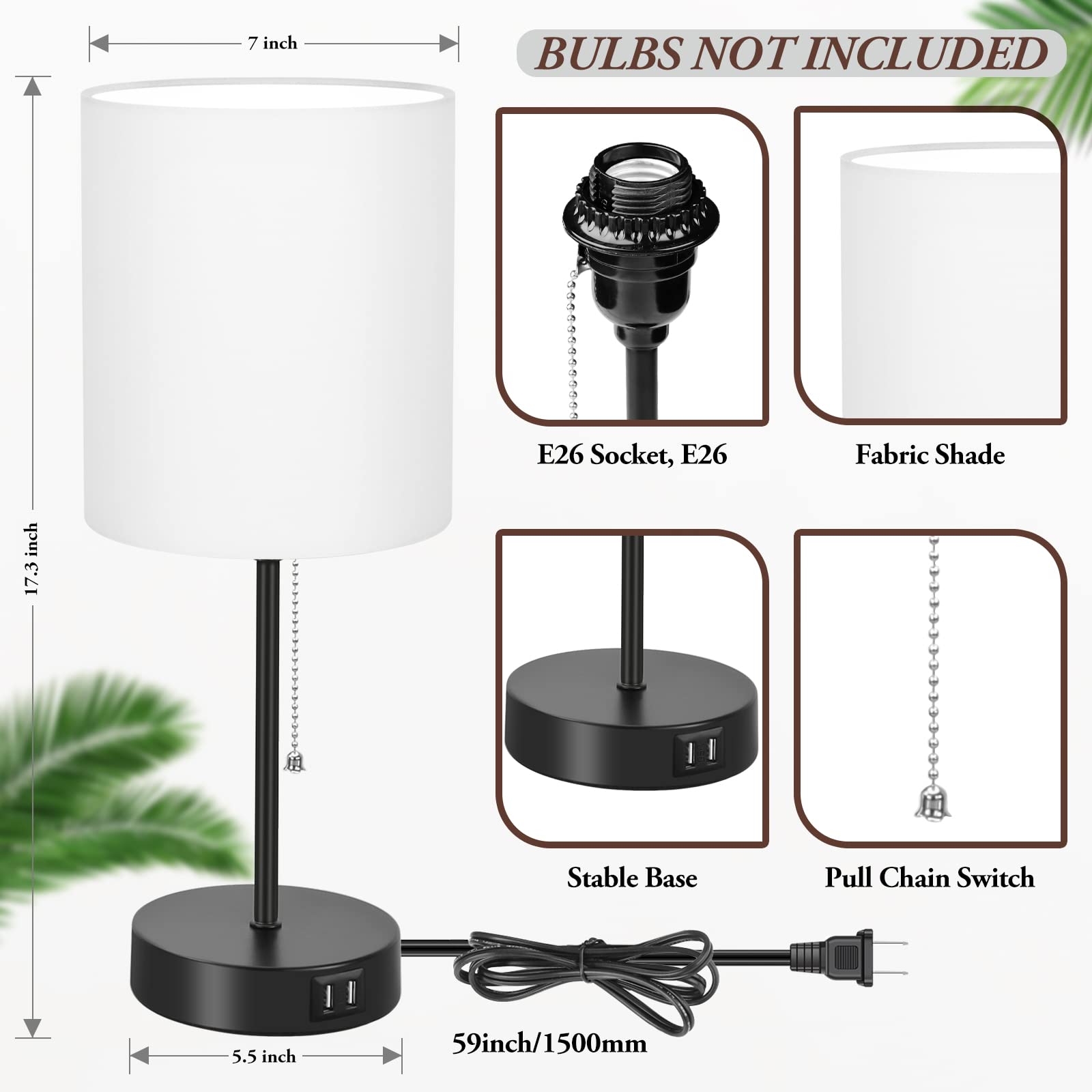 Bosceos Table Lamps Set of 2 with USB Charging Ports, White, AC Outlet, Pull Chain Switch, Model HRP-TSH06C