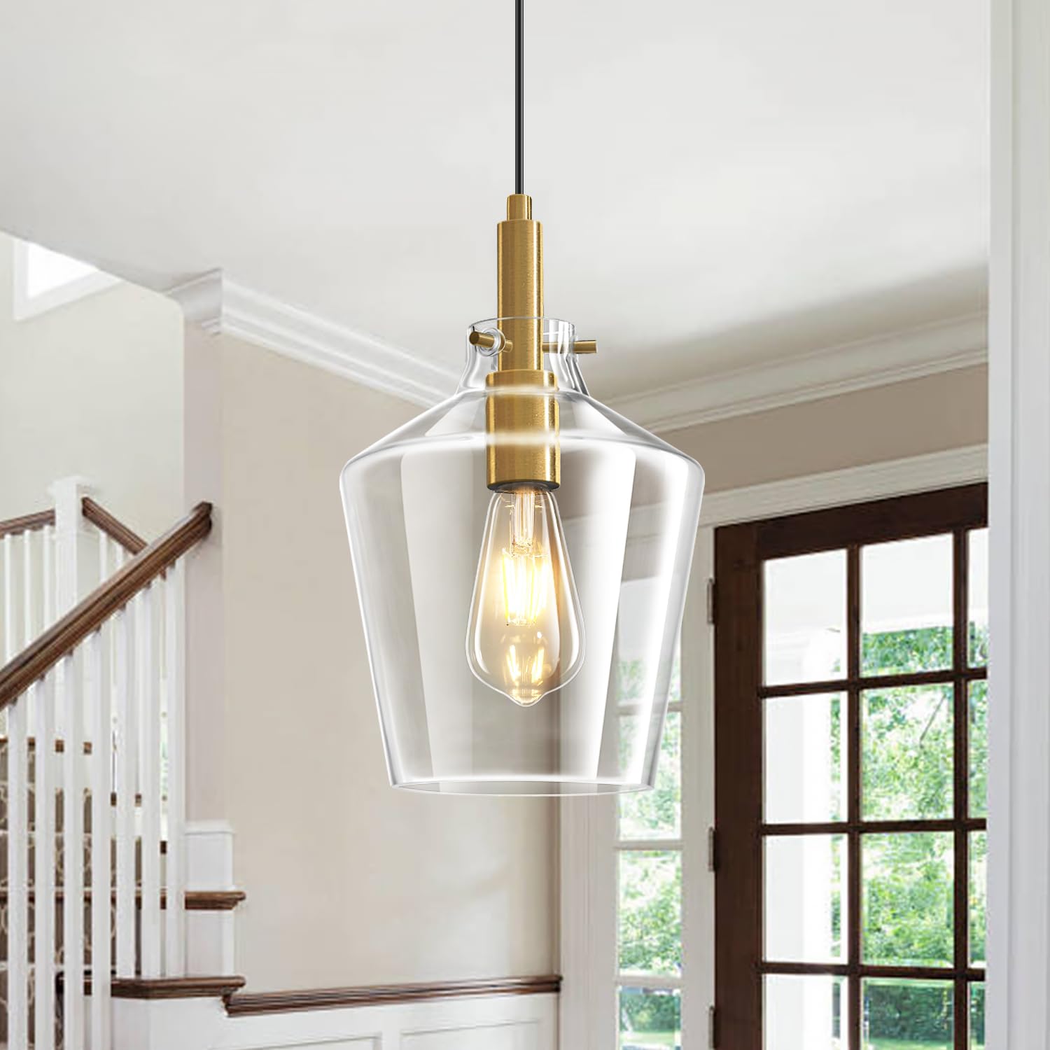 Vaziden Modern Glass Pendant Lighting For Kitchen Island  Farmhouse Gold Pendant Light Fixtures 1 Pack  Adjustable Hanging Ceiling Light Angled Clear Glass Shades 8 Inch