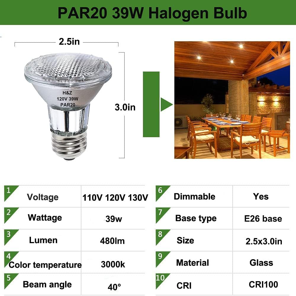 H&Z PAR20 Halogen Bulbs, 39W Equivalent, 3000K Warm White, Dimmable, Clear Glass, 2-Pack