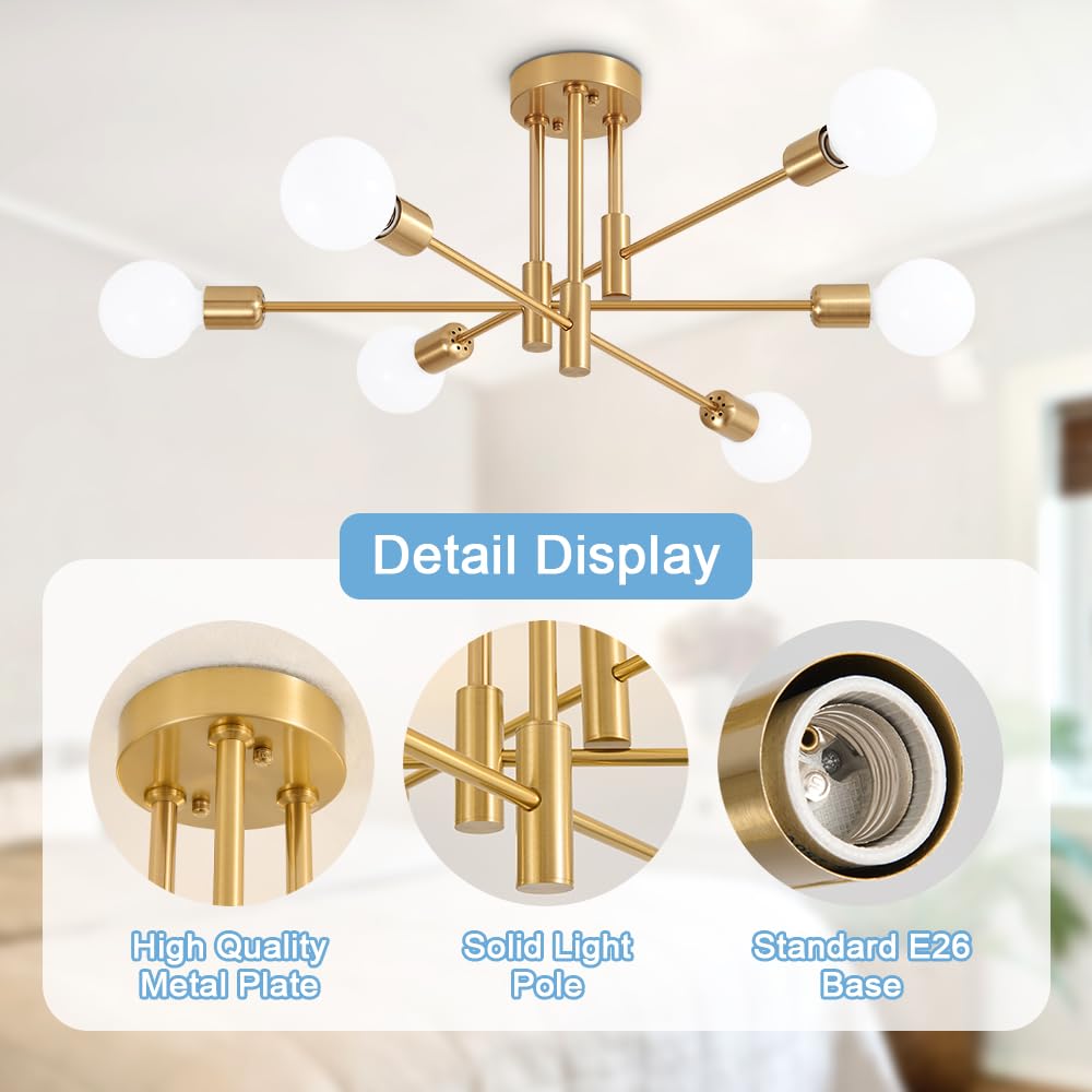 Biewalk 6-Light Sputnik Chandelier Ceiling Light Fixture, Gold and Black, Model gold8003, Modern Design for Dining Room and Kitchen