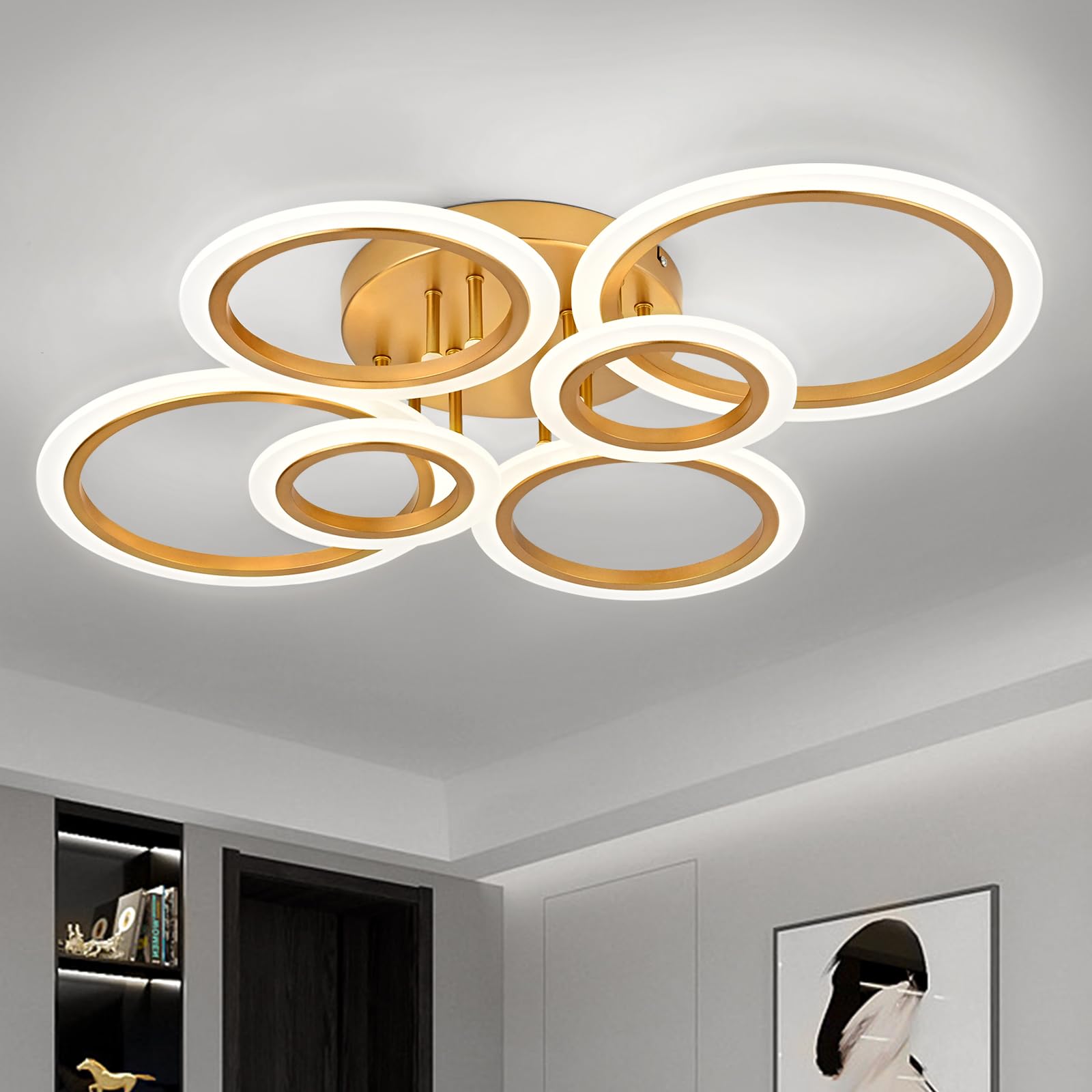 Teminbu Modern Led Ceiling Light, Gold 6 Rings Flush Mount Ceiling Light, 4000K Lighting Fixture Ceiling Lamp For Kitchen, Bedroom, Living Room, Laundry Room