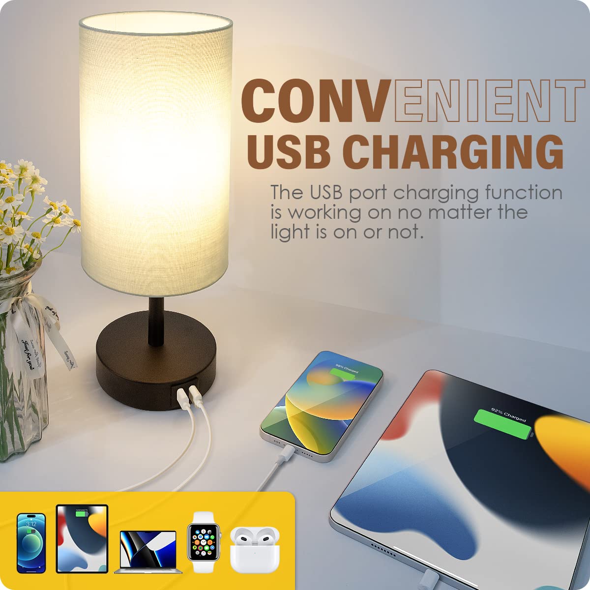 Yarra-Decor Touch Control Table Lamp Set of 2 - 3 Way Dimmable, Grey Fabric Shade, USB Port, Model Y-2 Grey