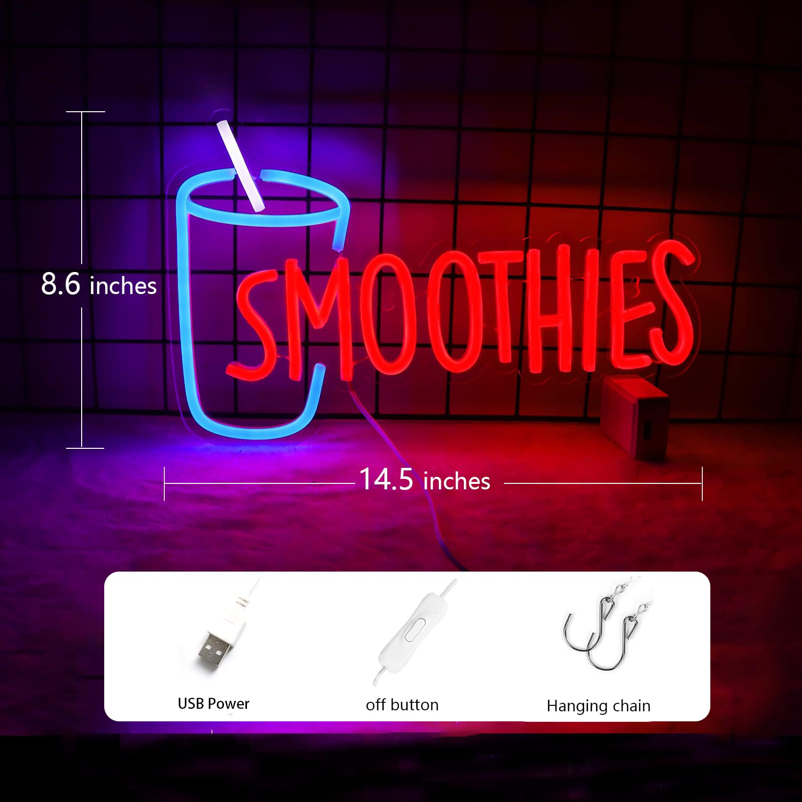 Vinray Neon Sign for Smoothies Bar, LED Wall or Window Display, 14.5x8.6 inches, Plastic, Super Bright, USB Power Supply