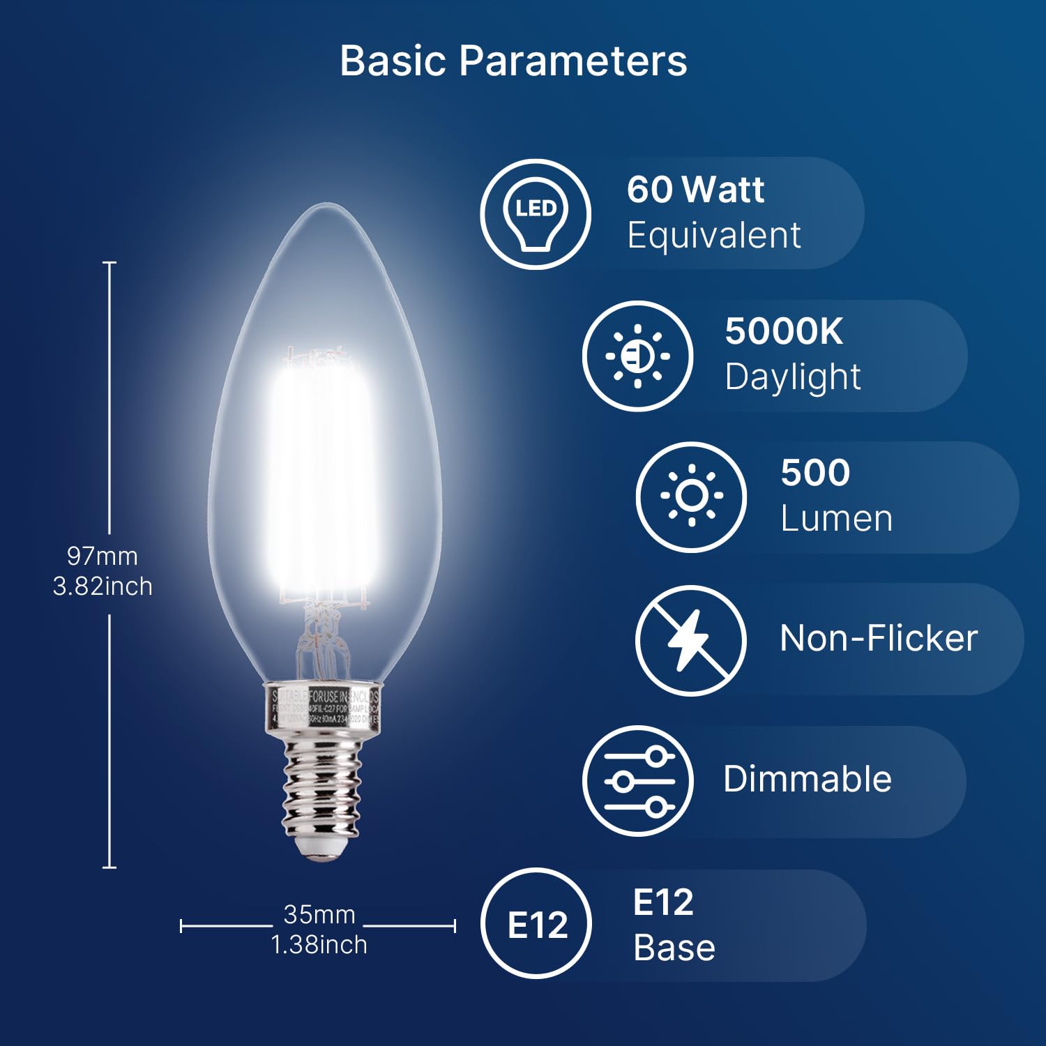 Flsnt 60W Equivalent Led Candelabra Bulbs, Dimmable Led Chandelier Bulbs, E12 Base, 500Lm, Cri 82, 6 Pack, 5000K Daylight